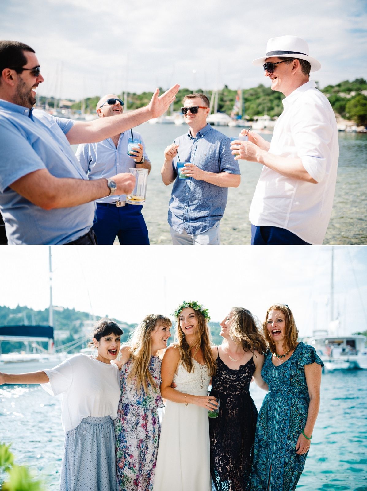 Friends celebrate at waterfront wedding reception with drinks and laughter by the marina.