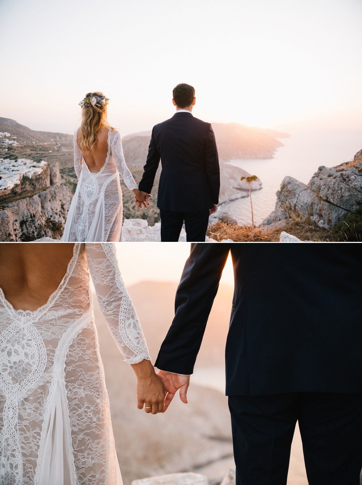 bride and groom watching the sunset at folegandros