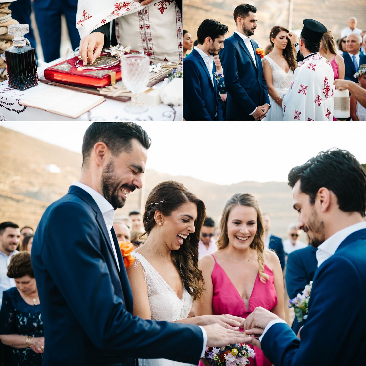Wedding ceremony moments captured with guests signing papers and bridal party sharing joyful moments outdoors.