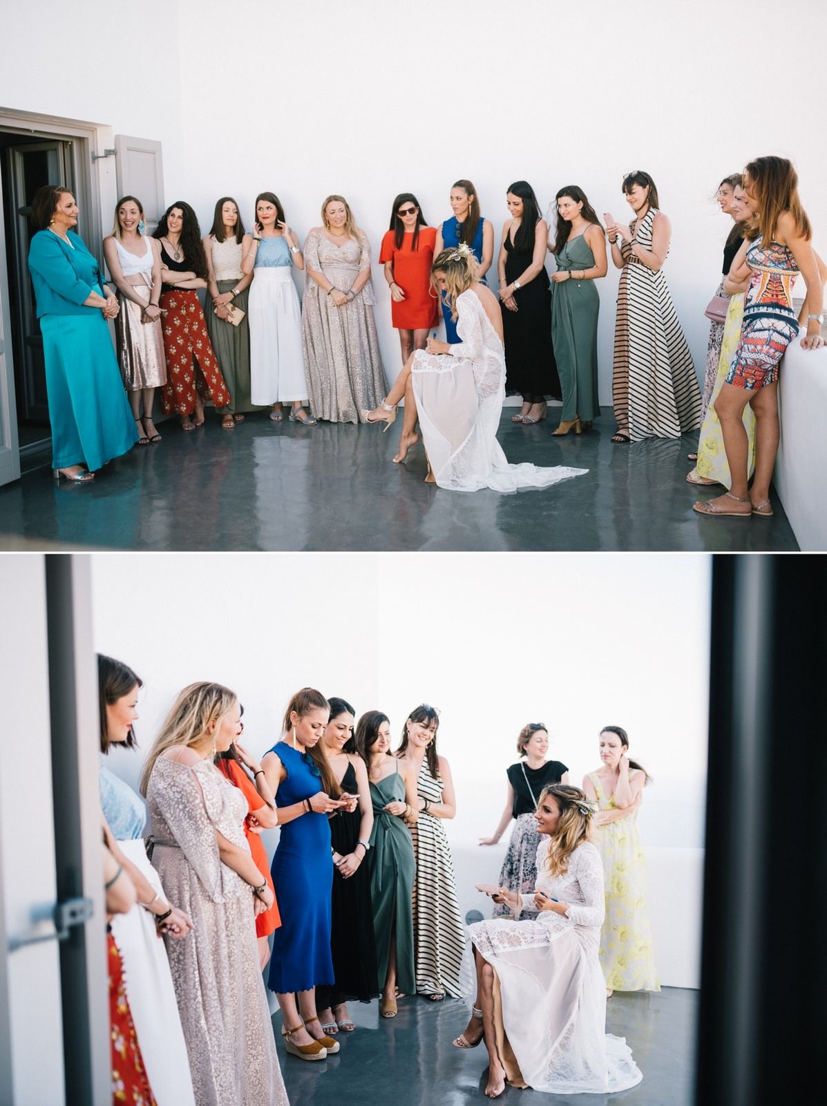 Wedding party helping bride with shoes while surrounded by friends in elegant dresses.