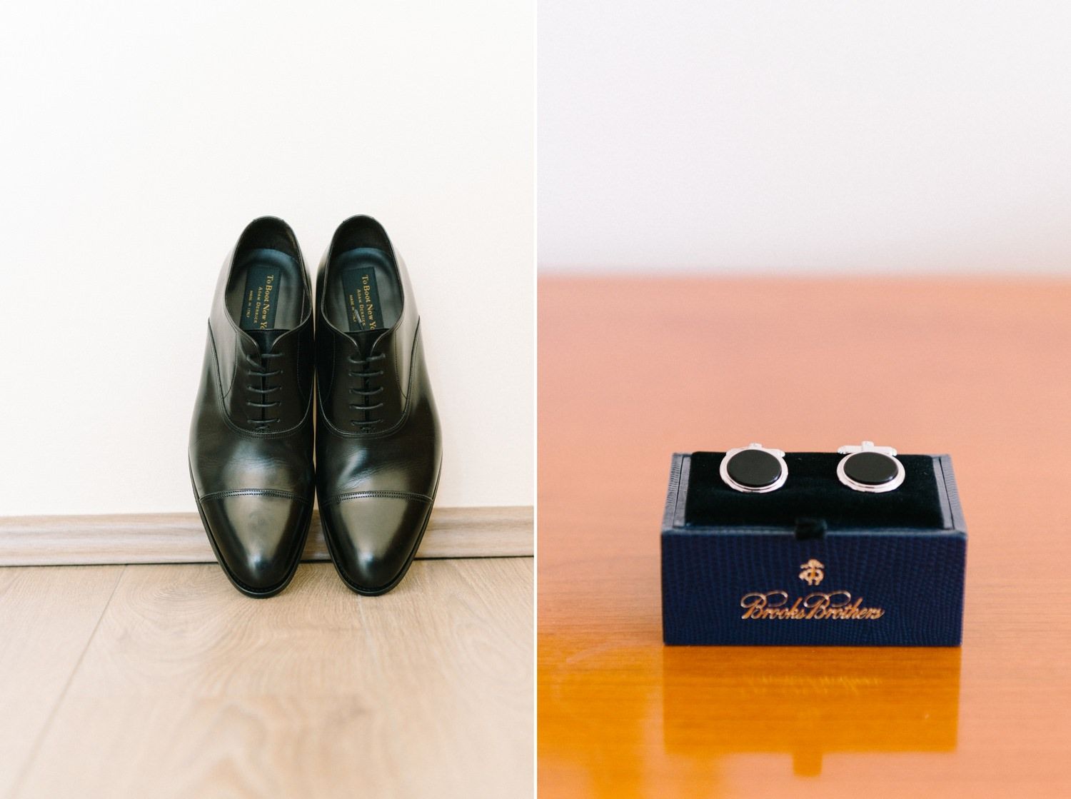 Wedding accessories including black leather dress shoes and cufflinks in blue box.