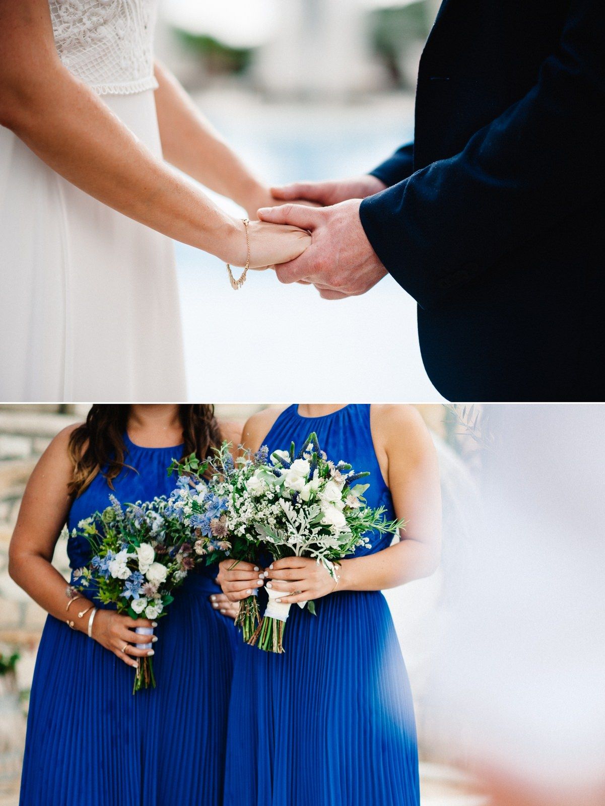 Close-up of wedding ceremony details showing hands clasped and blue bridesmaid dresses with white bouquets.