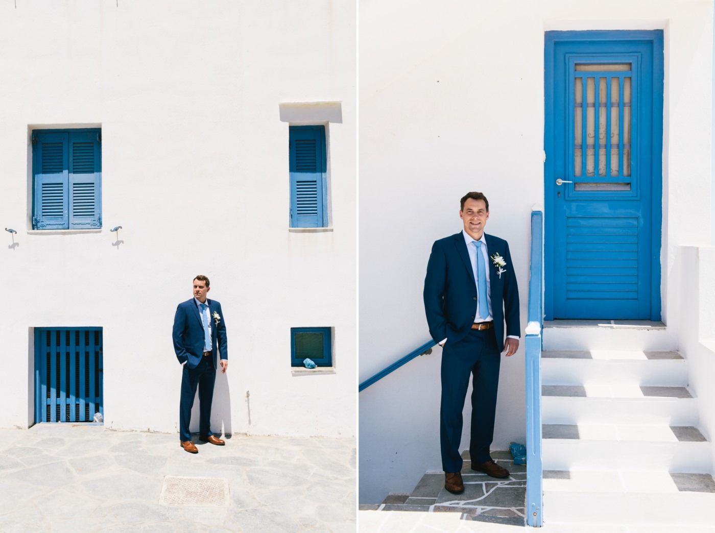 Mediterranean architecture featuring white walls and blue doors against clear sky.