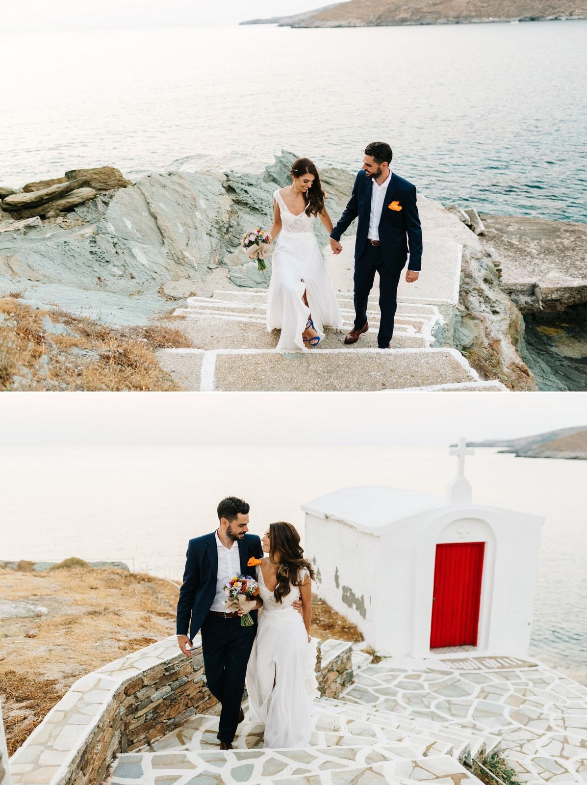 Newlyweds walking hand in hand on stone steps near a coastal church with white walls and red door.