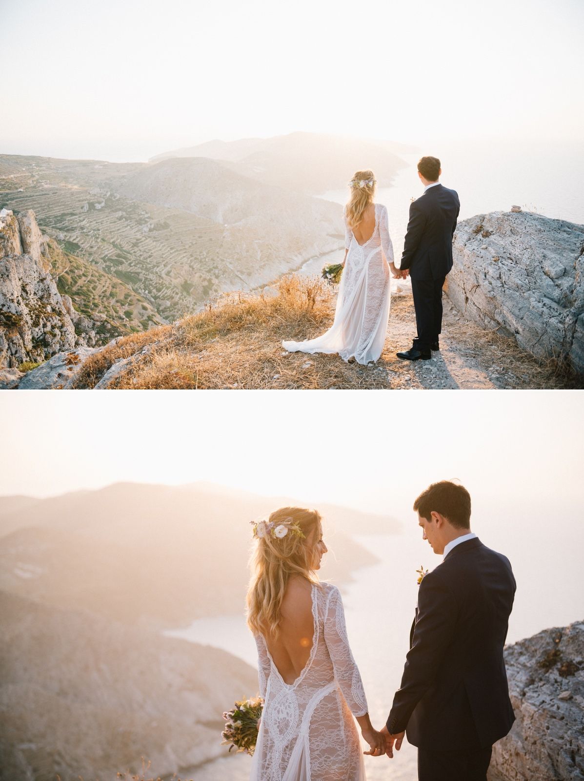 bride and groom portrait at folegandros with amazing view