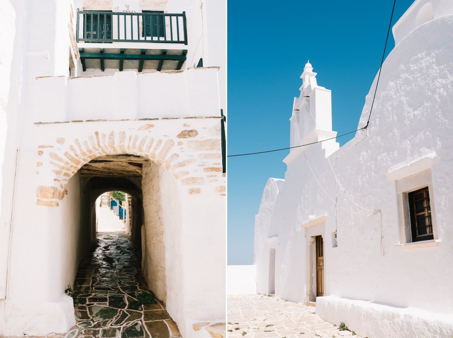 White church and narrow alleyway in traditional Cycladic architecture style.