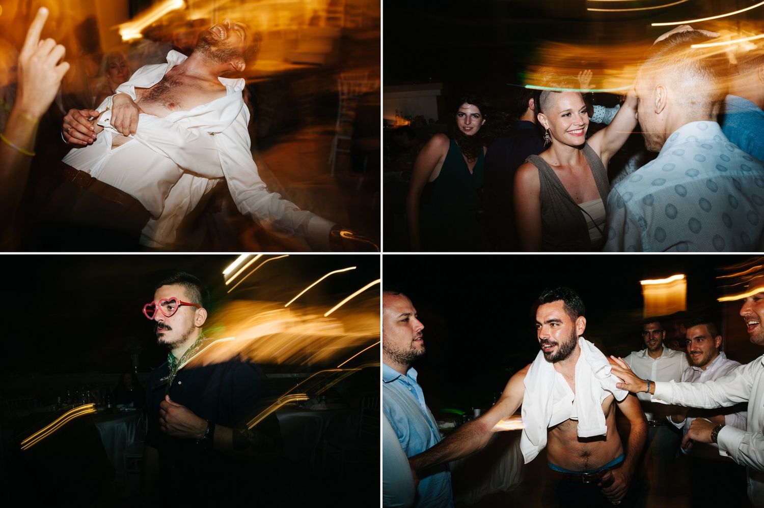 Dynamic wedding reception dance floor moments captured in motion blur photography.