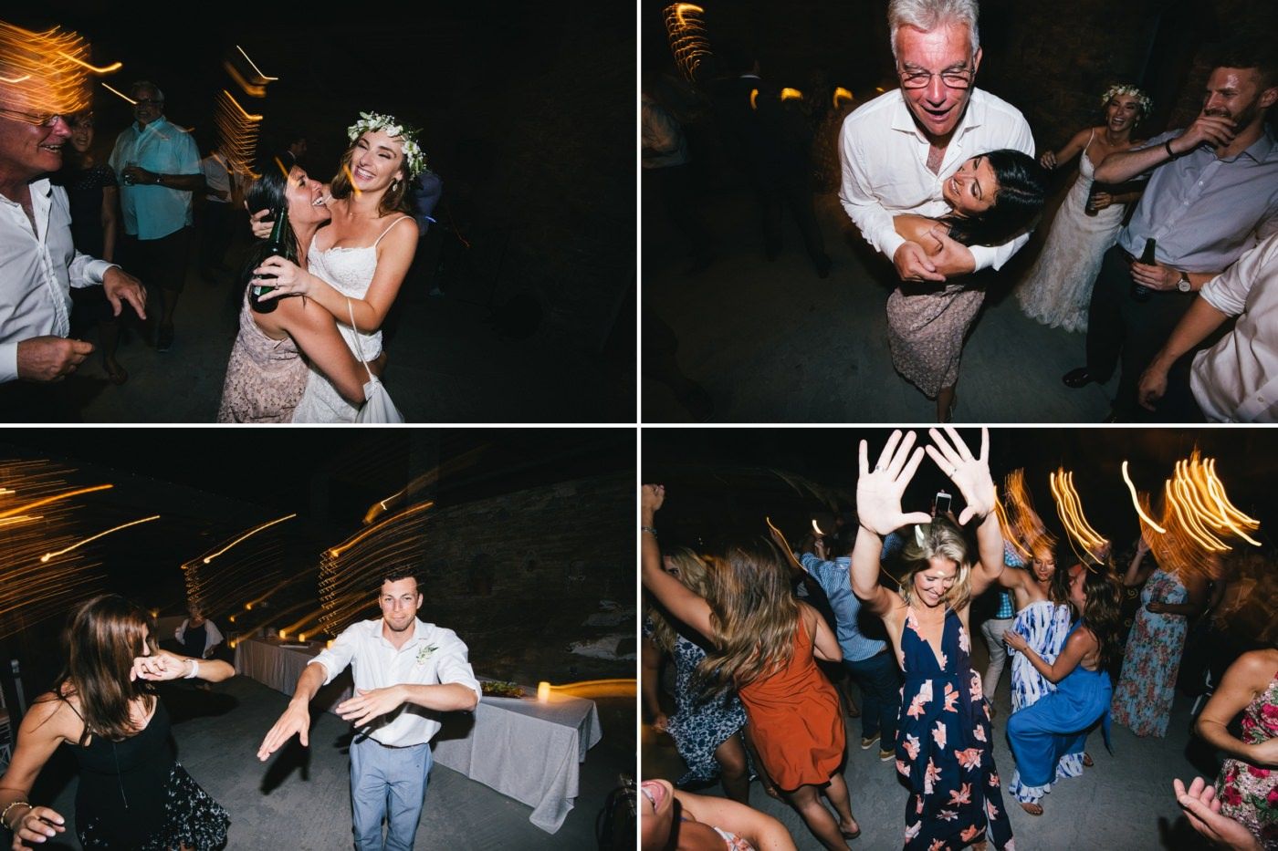 Wedding party dancing and celebrating with energetic moves on the reception dance floor.