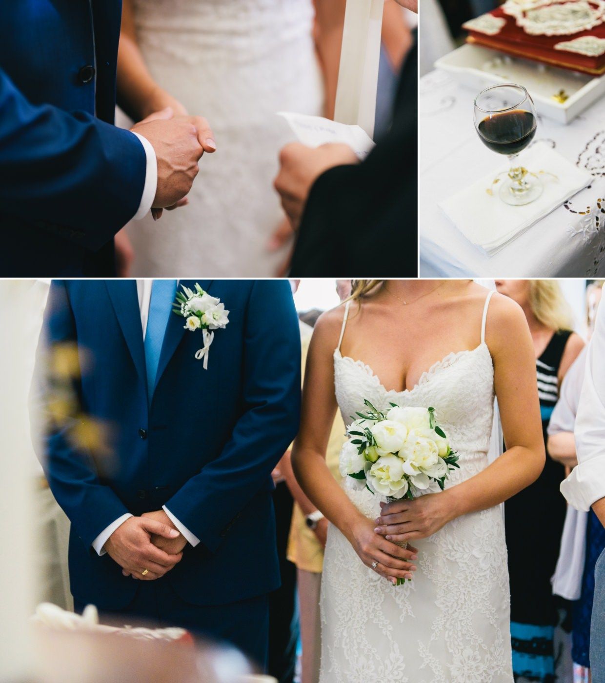 Wedding ceremony details showing bouquet, boutonniere and rings in elegant setting.