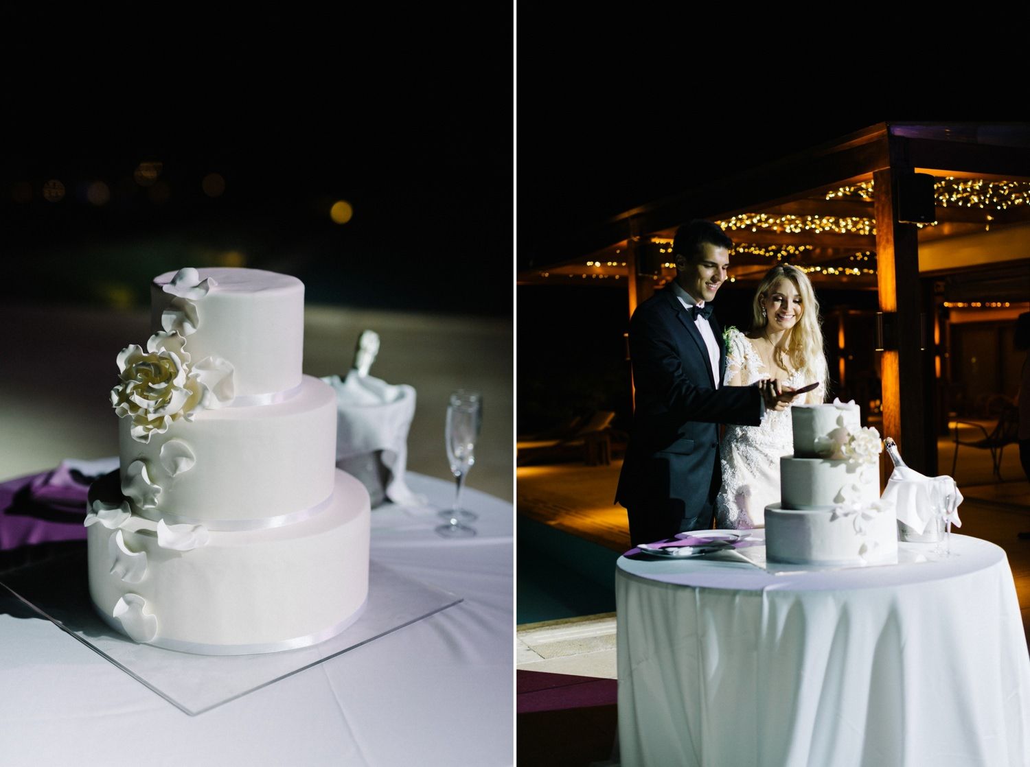 couple cuts the wedding cake in athens riviera
