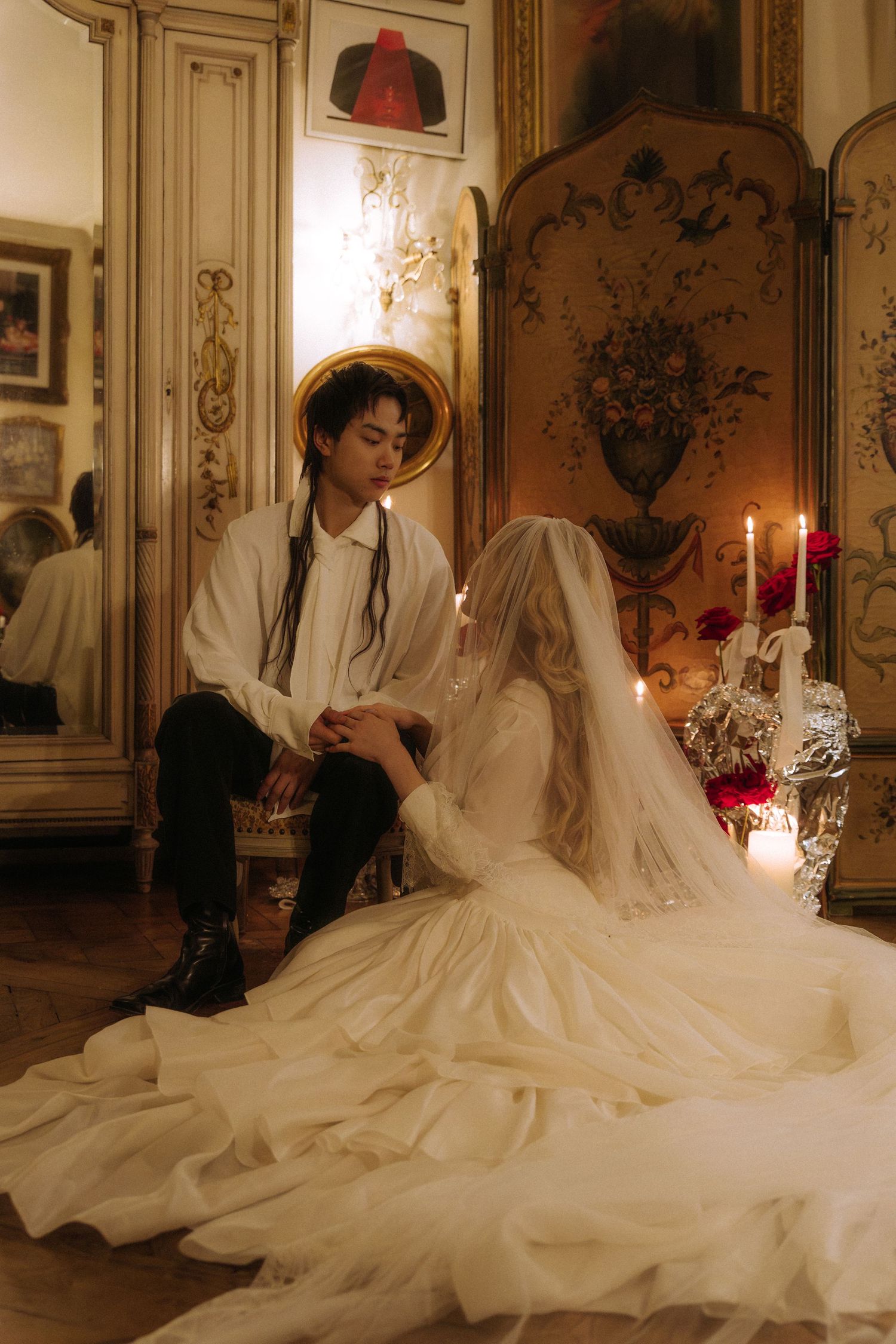 Destination wedding couple inside Paris apartment with classic French interior