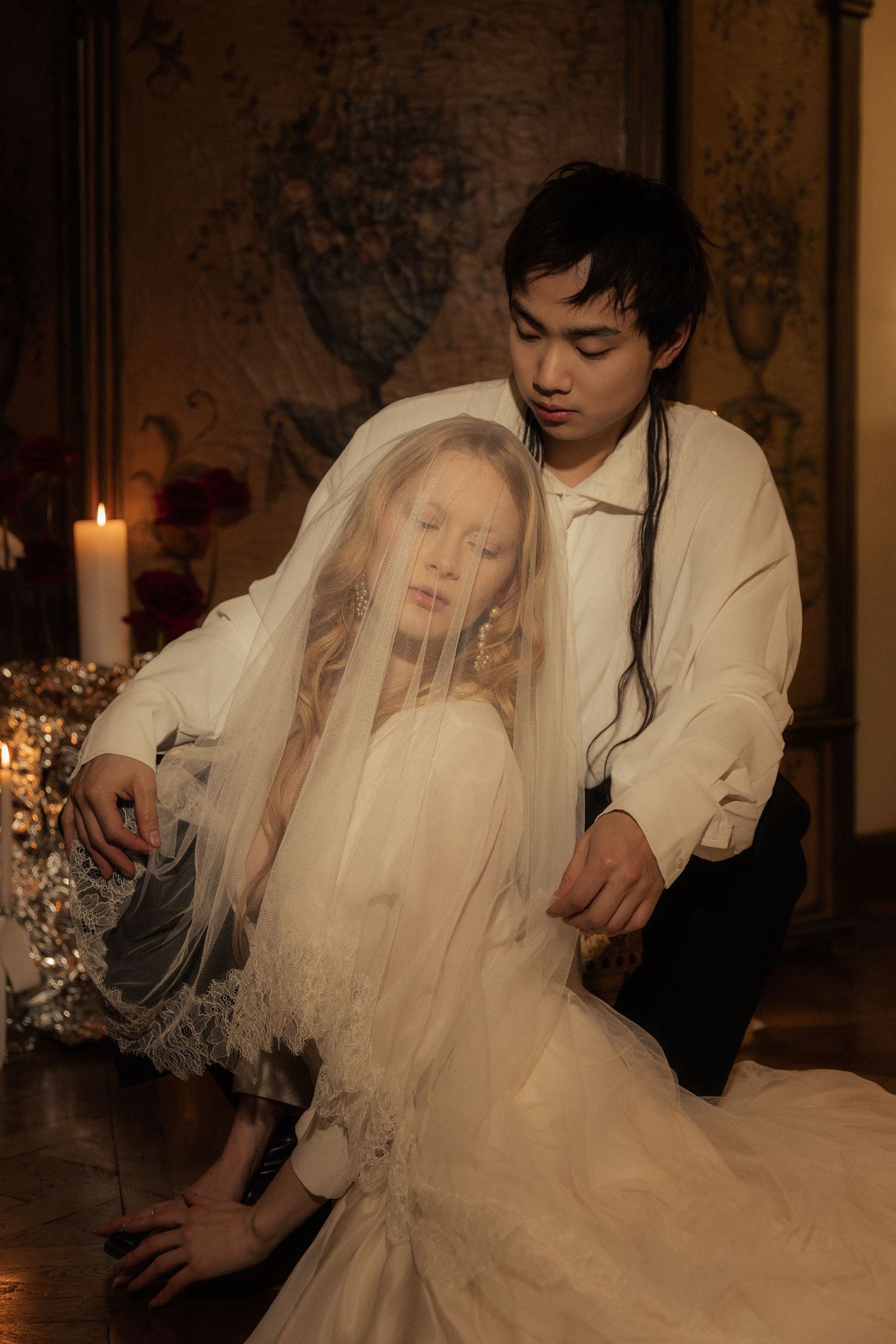Romantic couple portrait in Paris during a moody November evening destination wedding shoot