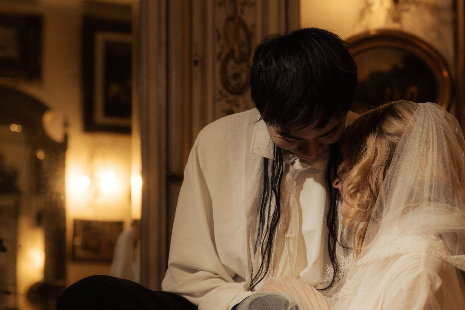 Destination wedding couple inside Paris apartment with classic French interior