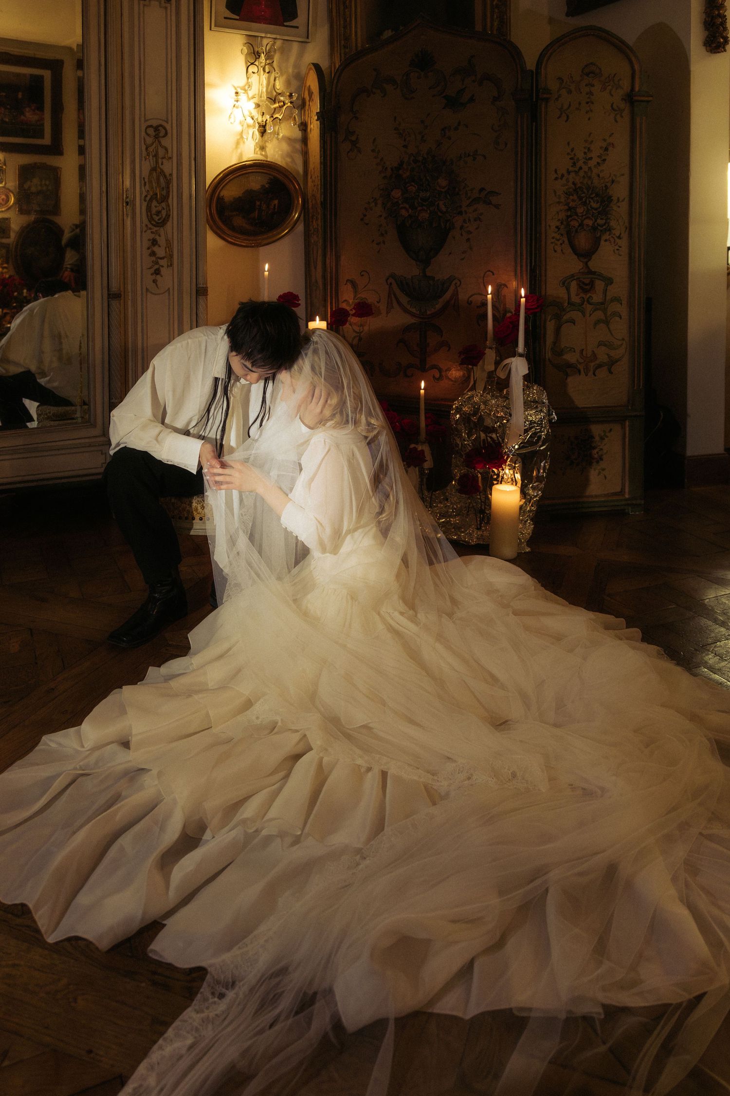 Destination wedding couple inside Paris apartment with classic French interior