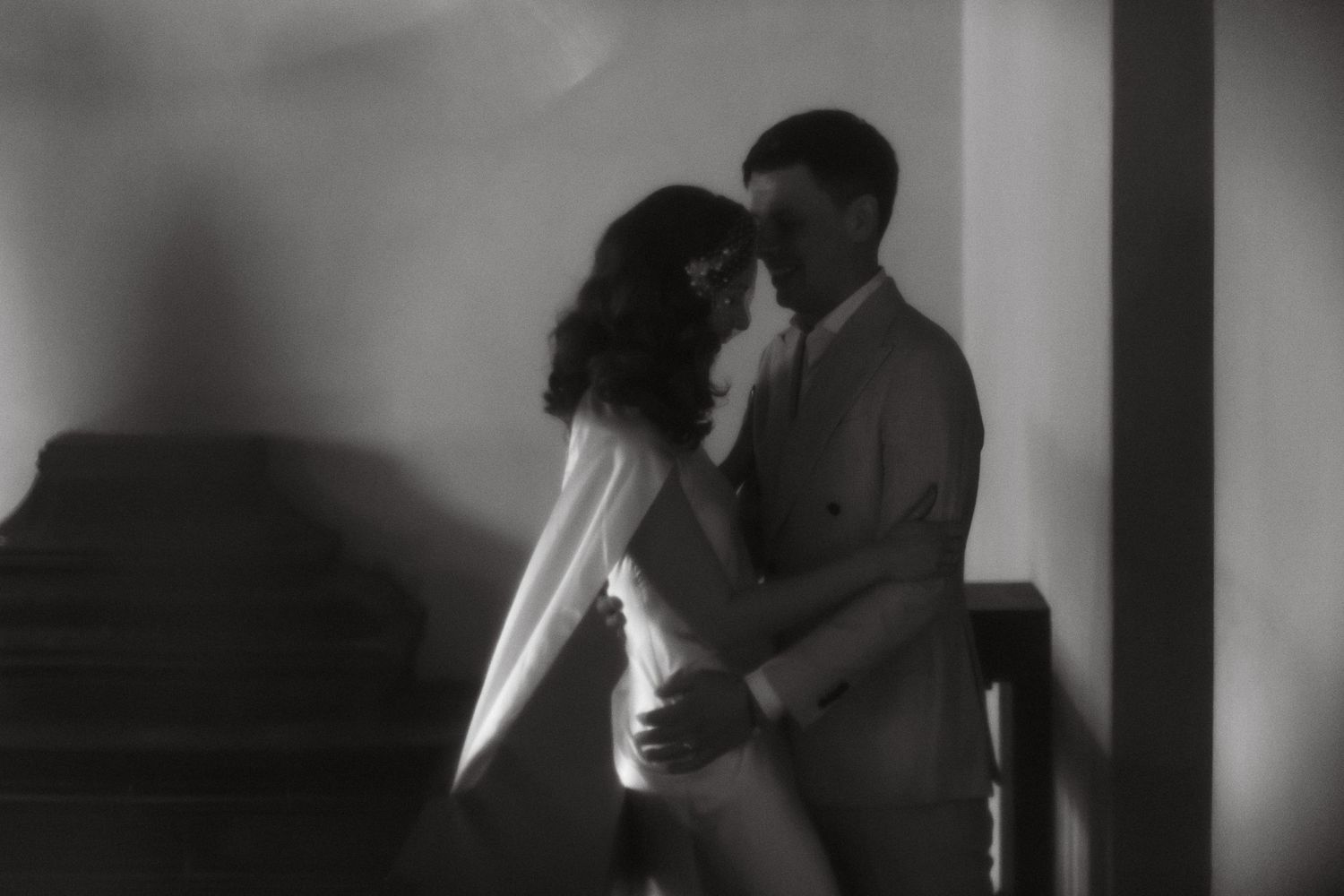 Romantic couple portrait during an intimate manor elopement in the European countryside
