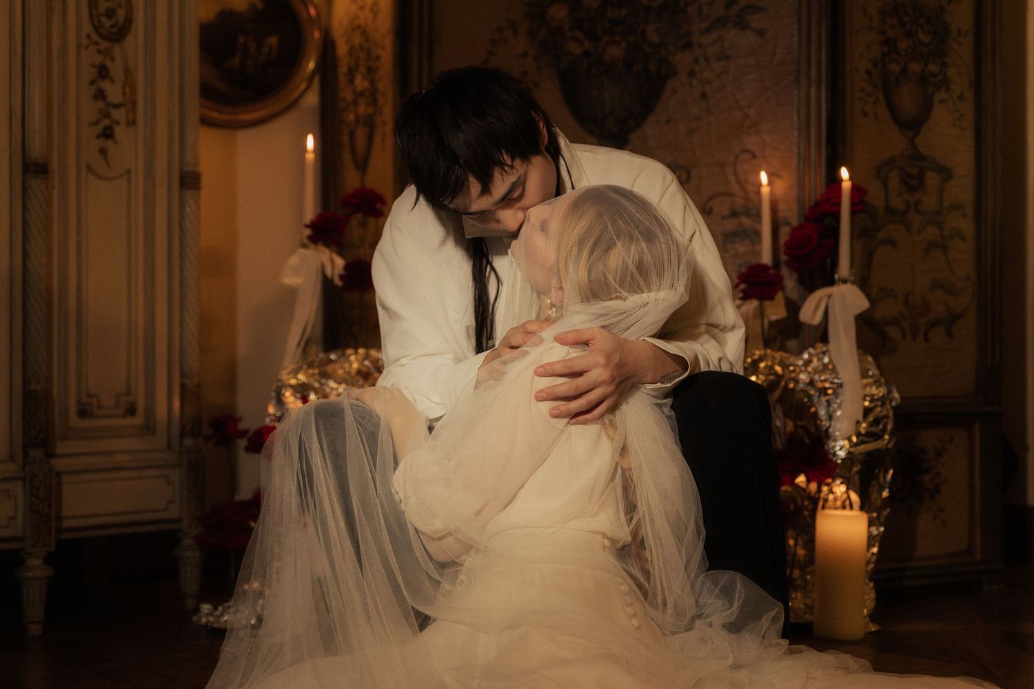Romantic couple portrait in Paris during a moody November evening destination wedding shoot