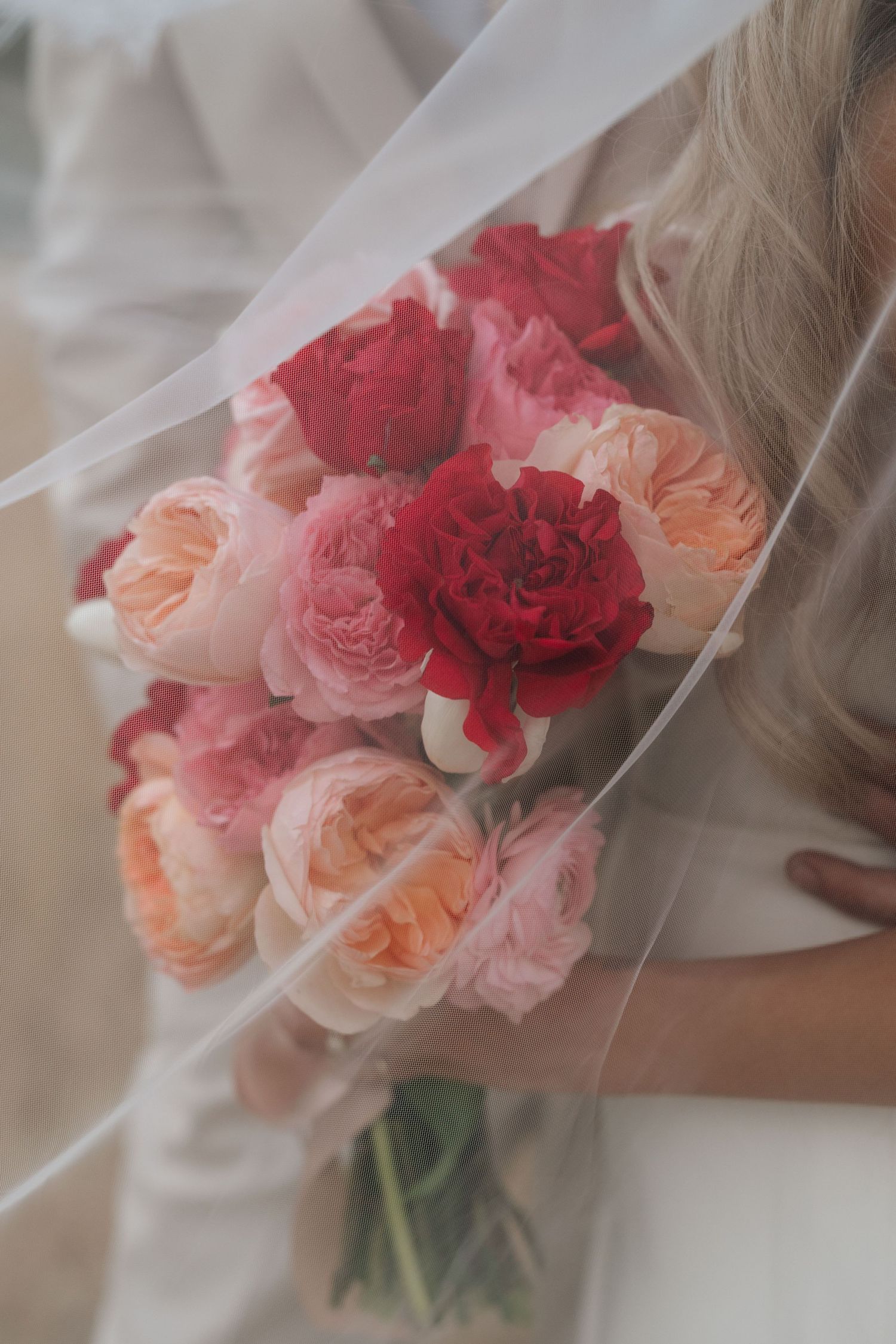 Bride holding a romantic bouquet of red, pink, and peach roses under a flowing white veil.