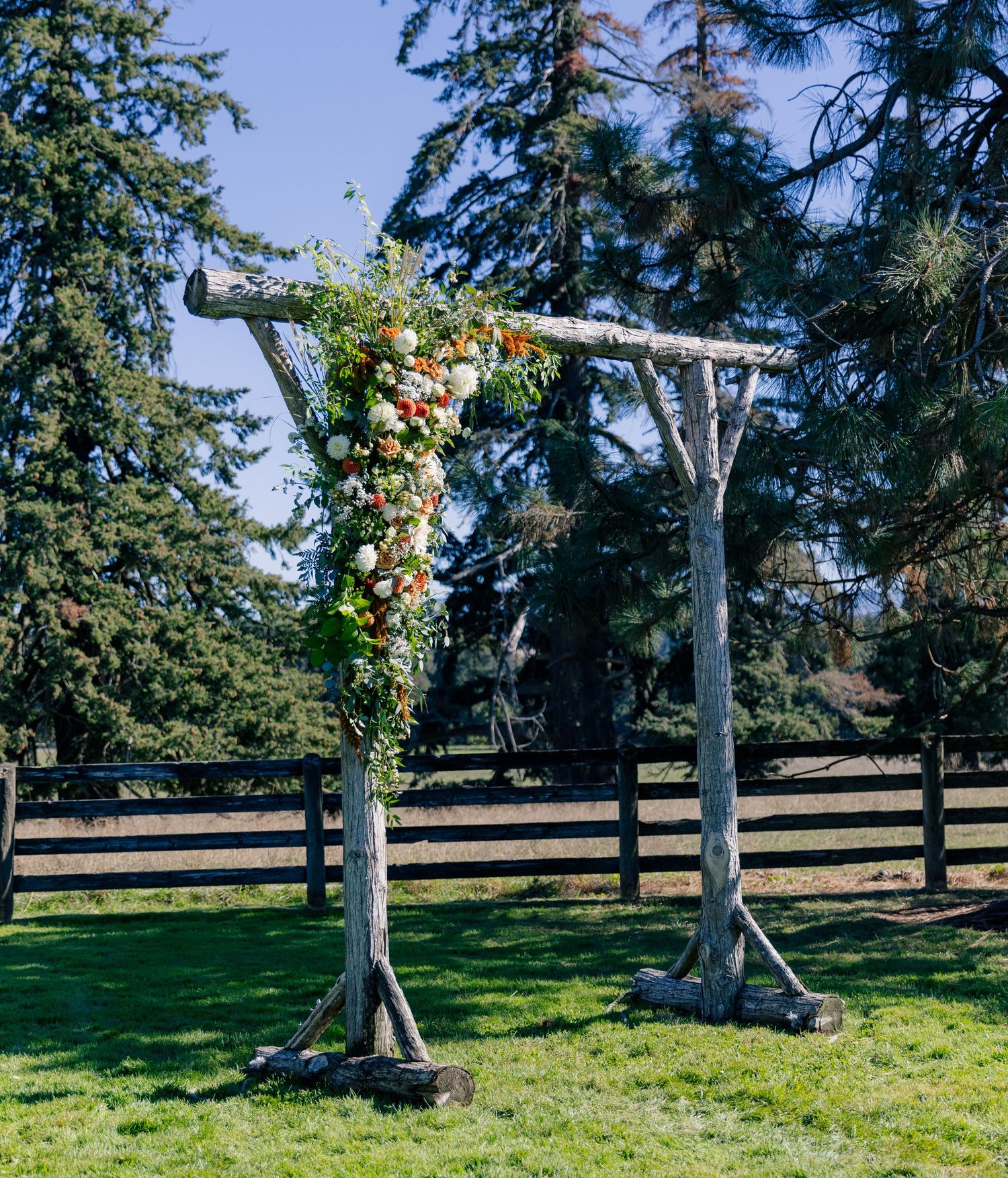 A scenic wooden arbor with floral decorations stands in a grassy field with tall evergreen trees in the background.
