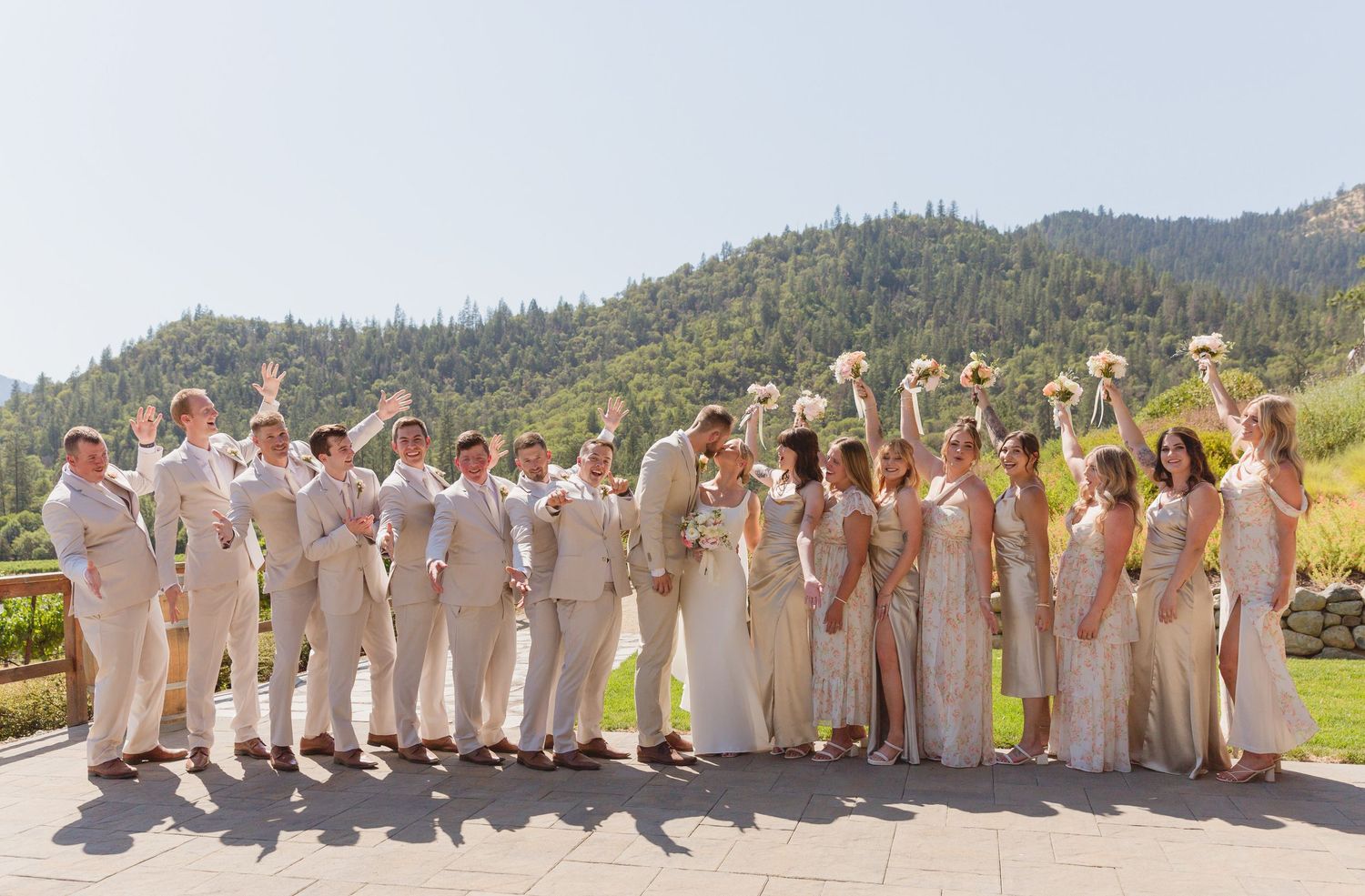 A wedding party in neutral tones poses together outdoors against a mountain landscape backdrop on a sunny day.