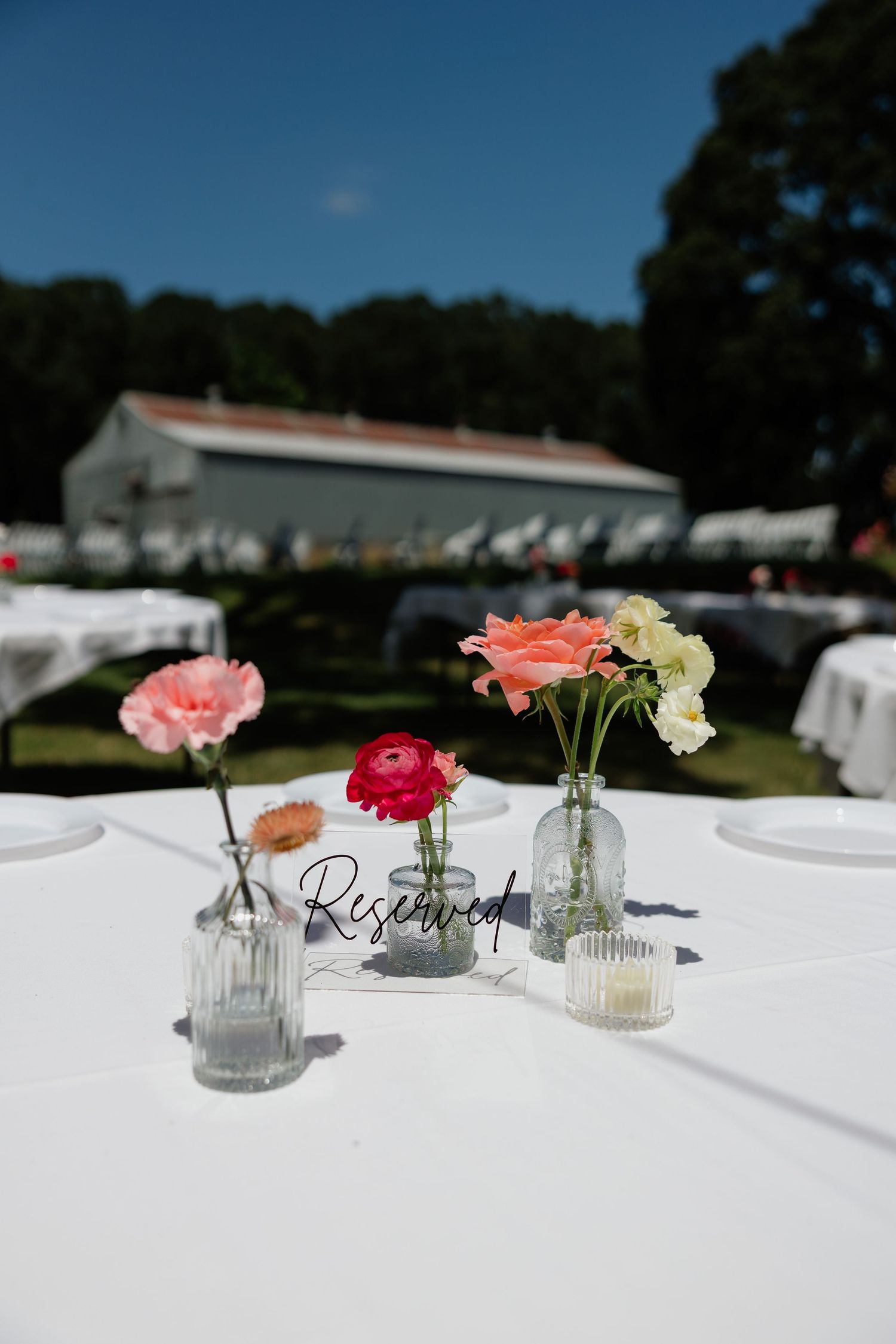 Outdoor wedding reception table with reserved sign, colorful ranunculus flowers in glass bud vases on white tablecloth.