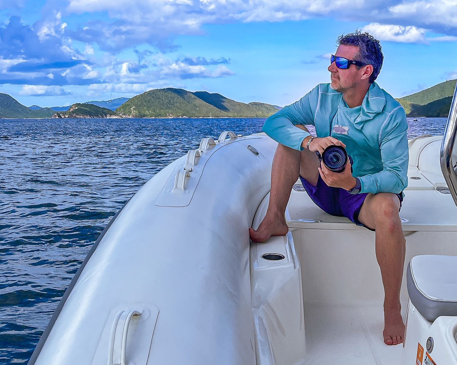 Professional photographer, Sean Stacey, posed with this camera while cruising across blue waters of the USVI.