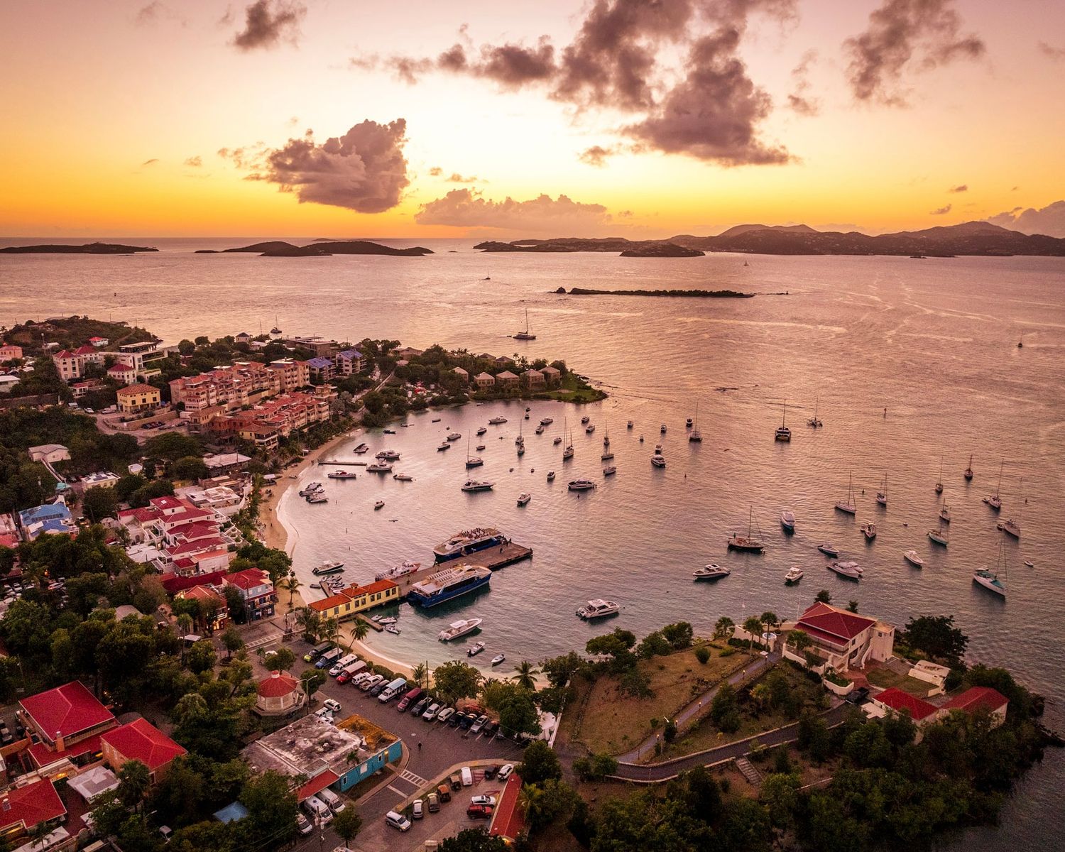 Panoramic sunset aerial view of a Cruz Bay Beach in St. John taken by photographer, Sean Stacey.