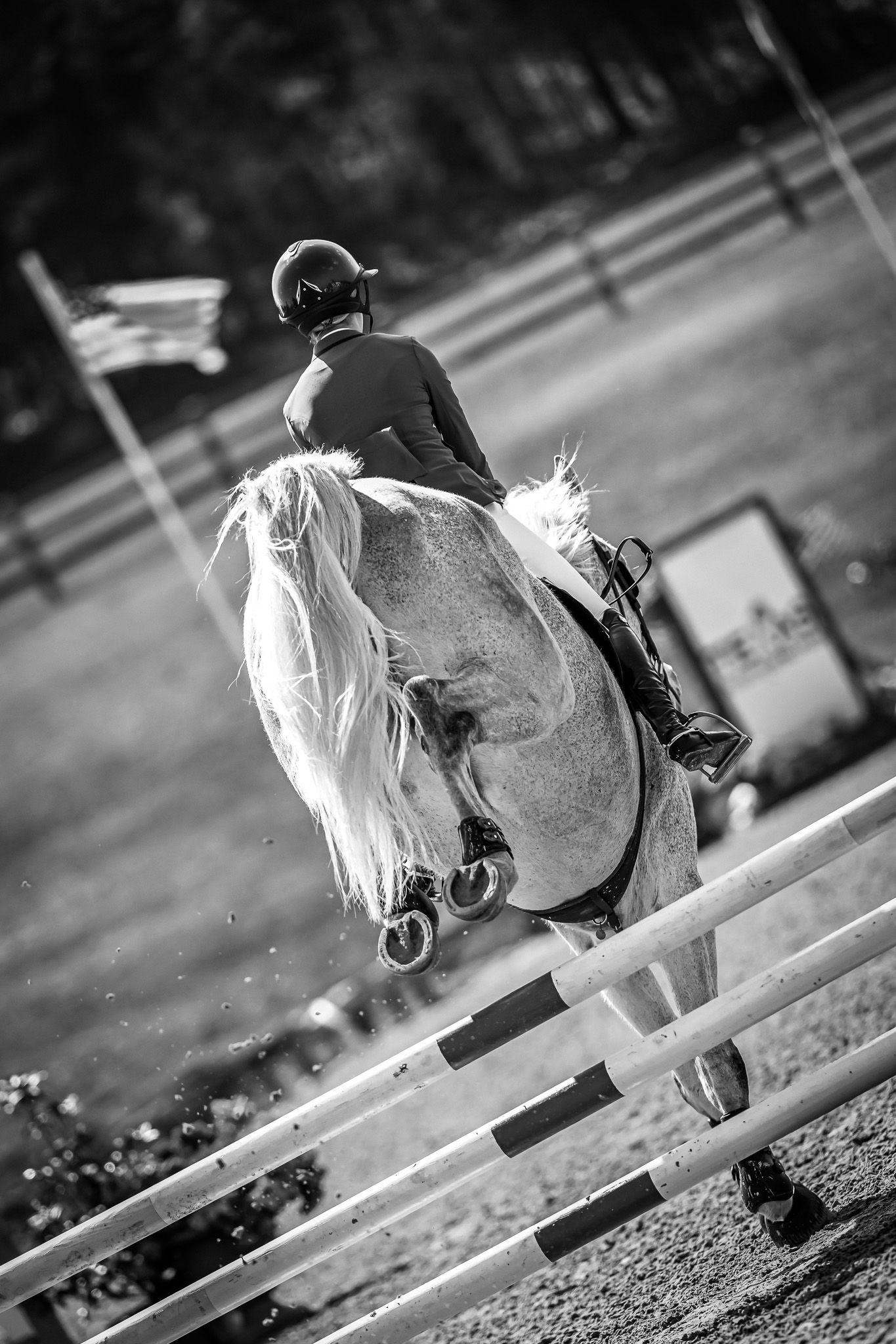 black and white photo of an equestrian girl clearing a fence at Texas Rose Horse Park as captured by equine photographer Sean Stacey.
