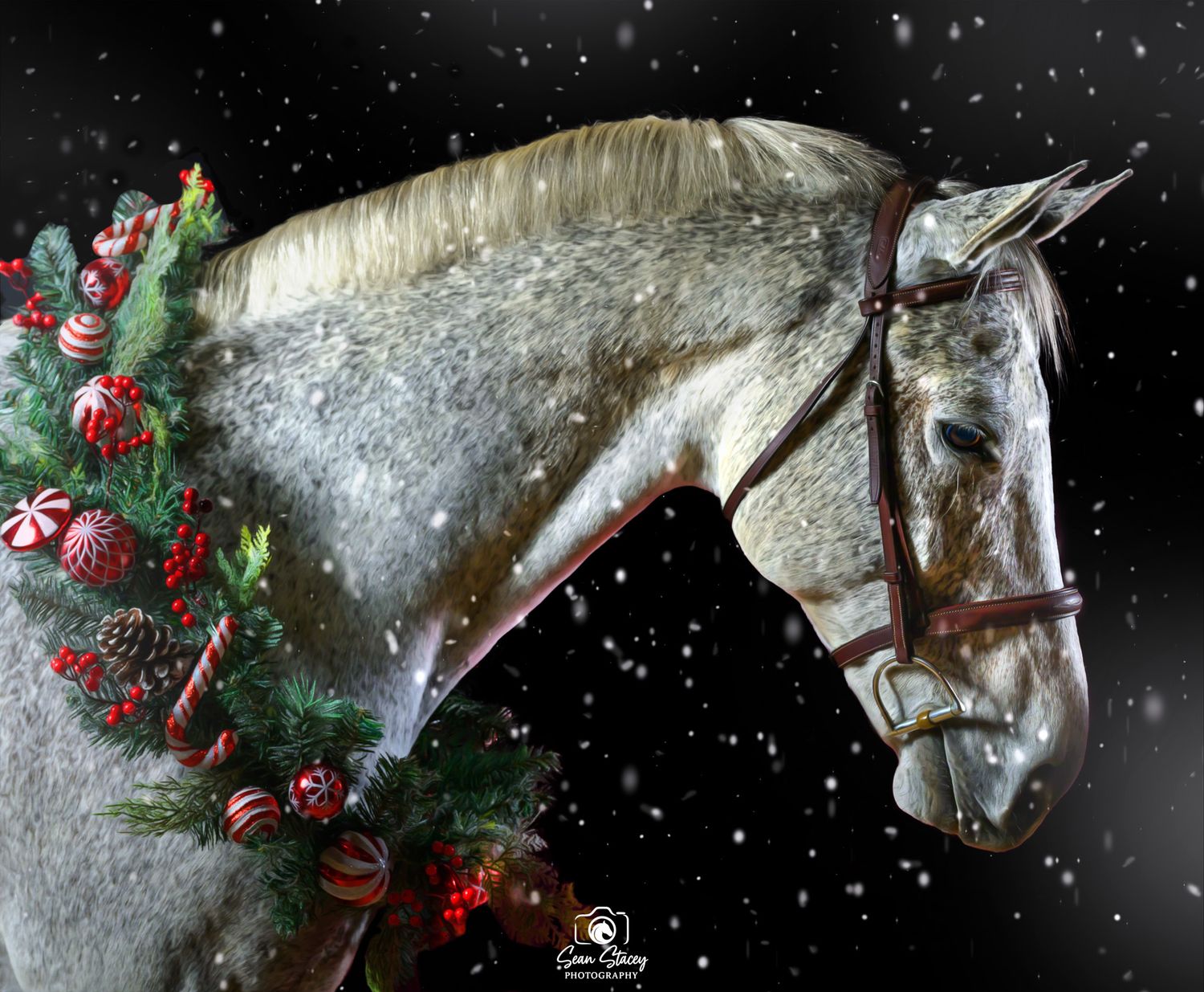 White horse with Christmas decorations and falling snow against dark background creates magical holiday atmosphere.