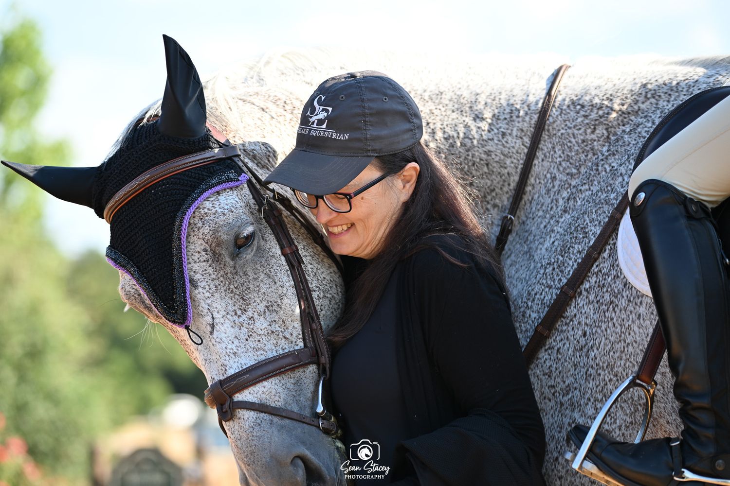 A close-up view of a horse's face showing its eye, muzzle and bridle details in natural lighting.