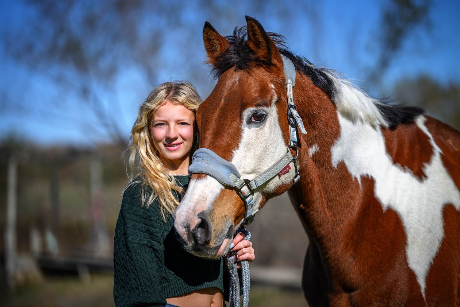 A collection of photos showing people interacting with horses in outdoor settings during different activities and moments.