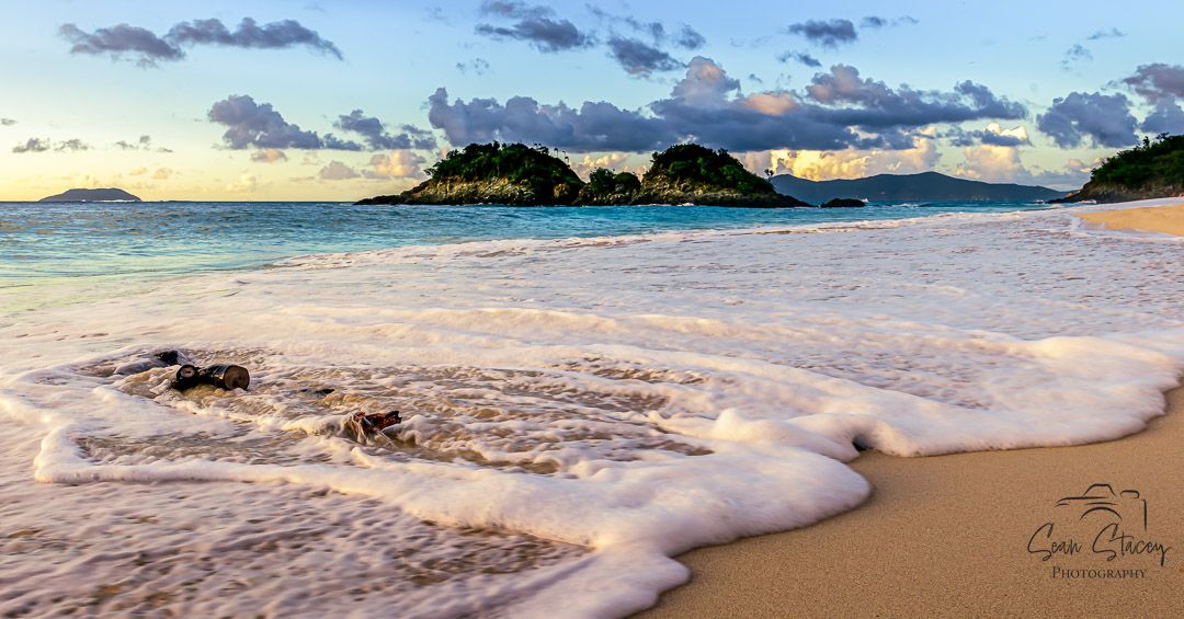Sunset over Caribbean beach in St. John taken by photographer Sean Stacey – a visual precursor to his equestrian work in barns and arenas