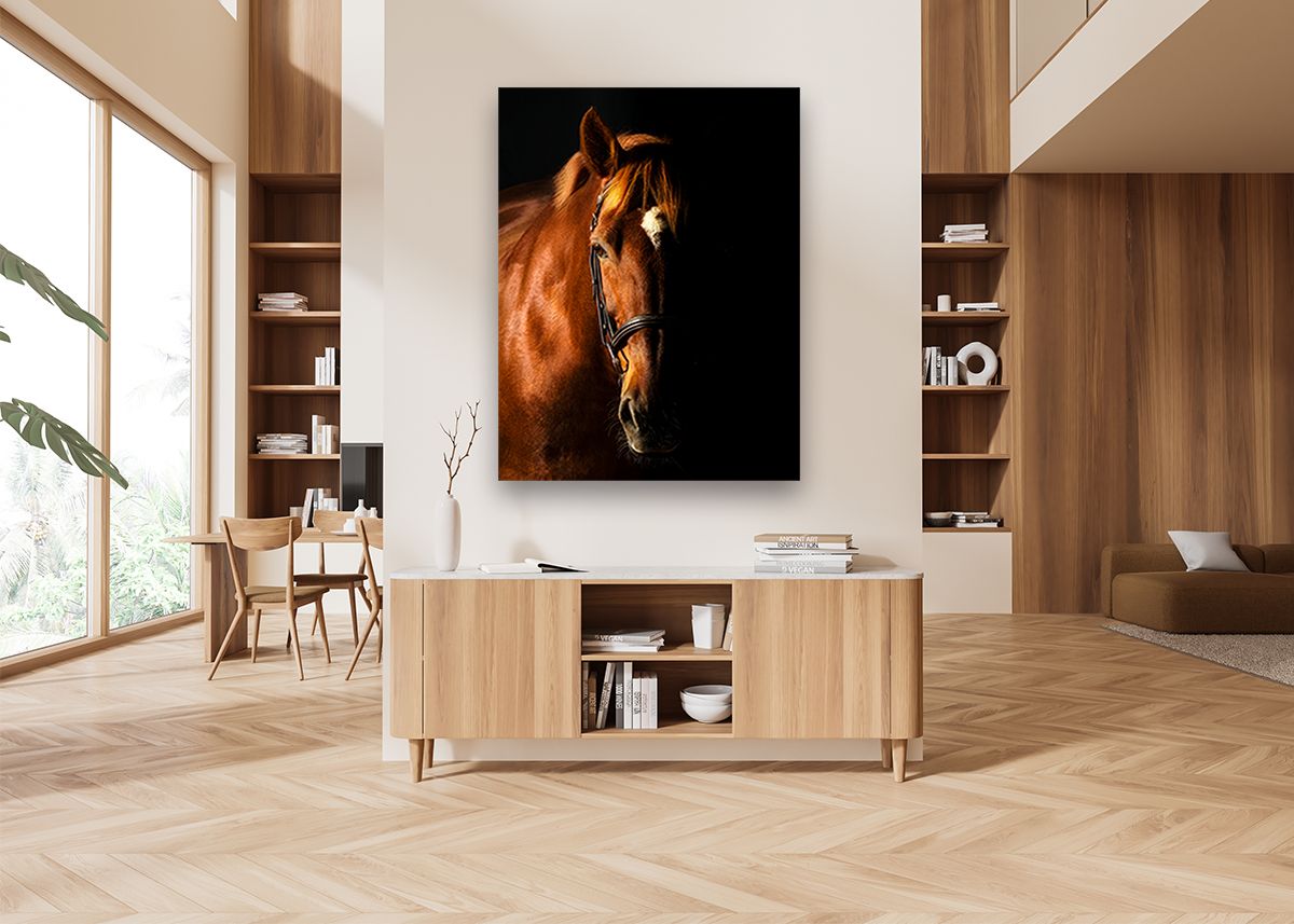 Living room displaying fine art equine portrait on metal print taken by photographer Sean Stacey.