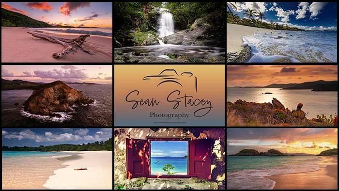 A collage of nature photography by Sean Stacey featuring sunsets, waterfalls, beaches, and landscapes in vibrant colors.