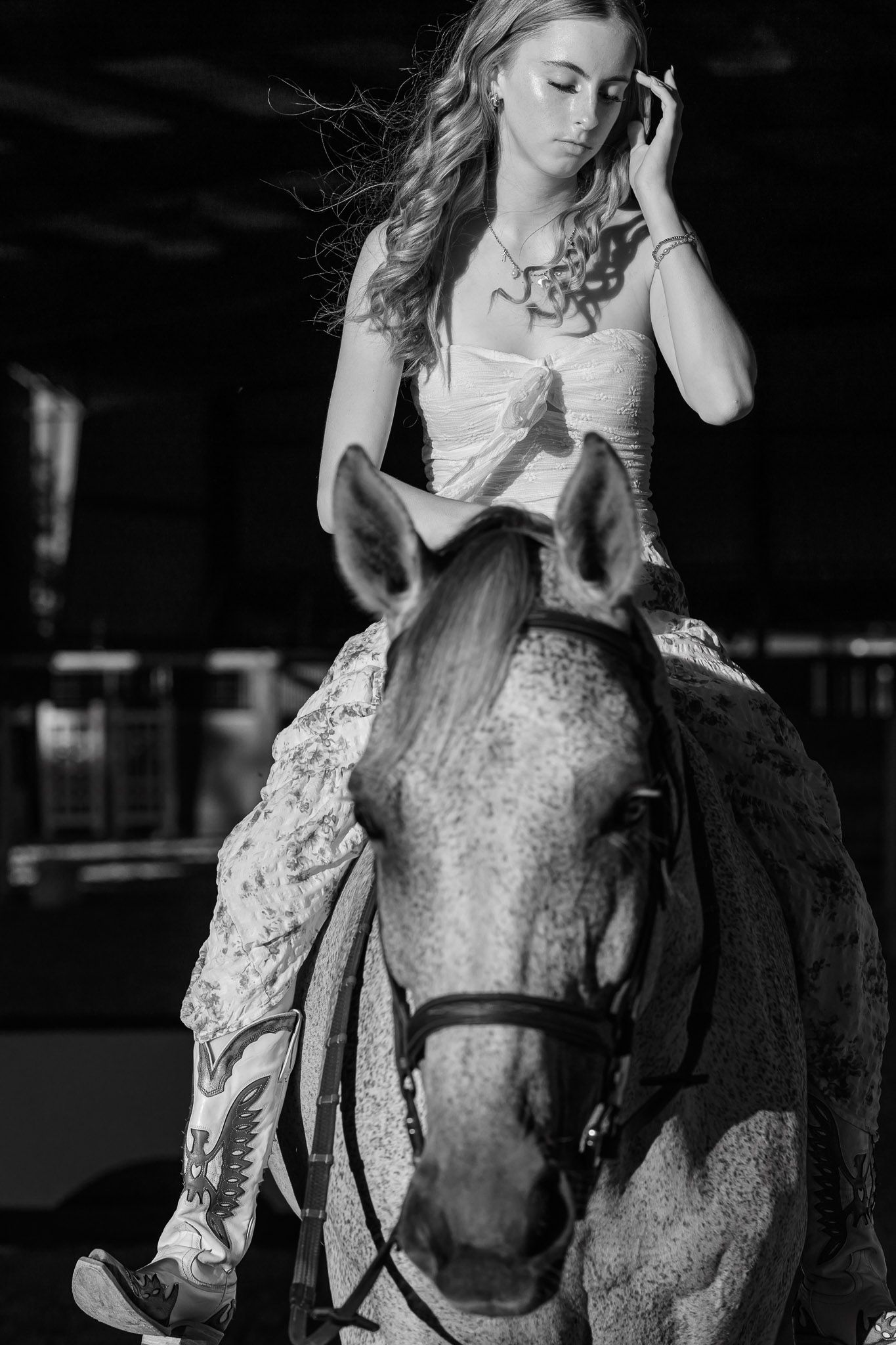 Senior portrait session with horse at Texas barn — fine-art equestrian photographer