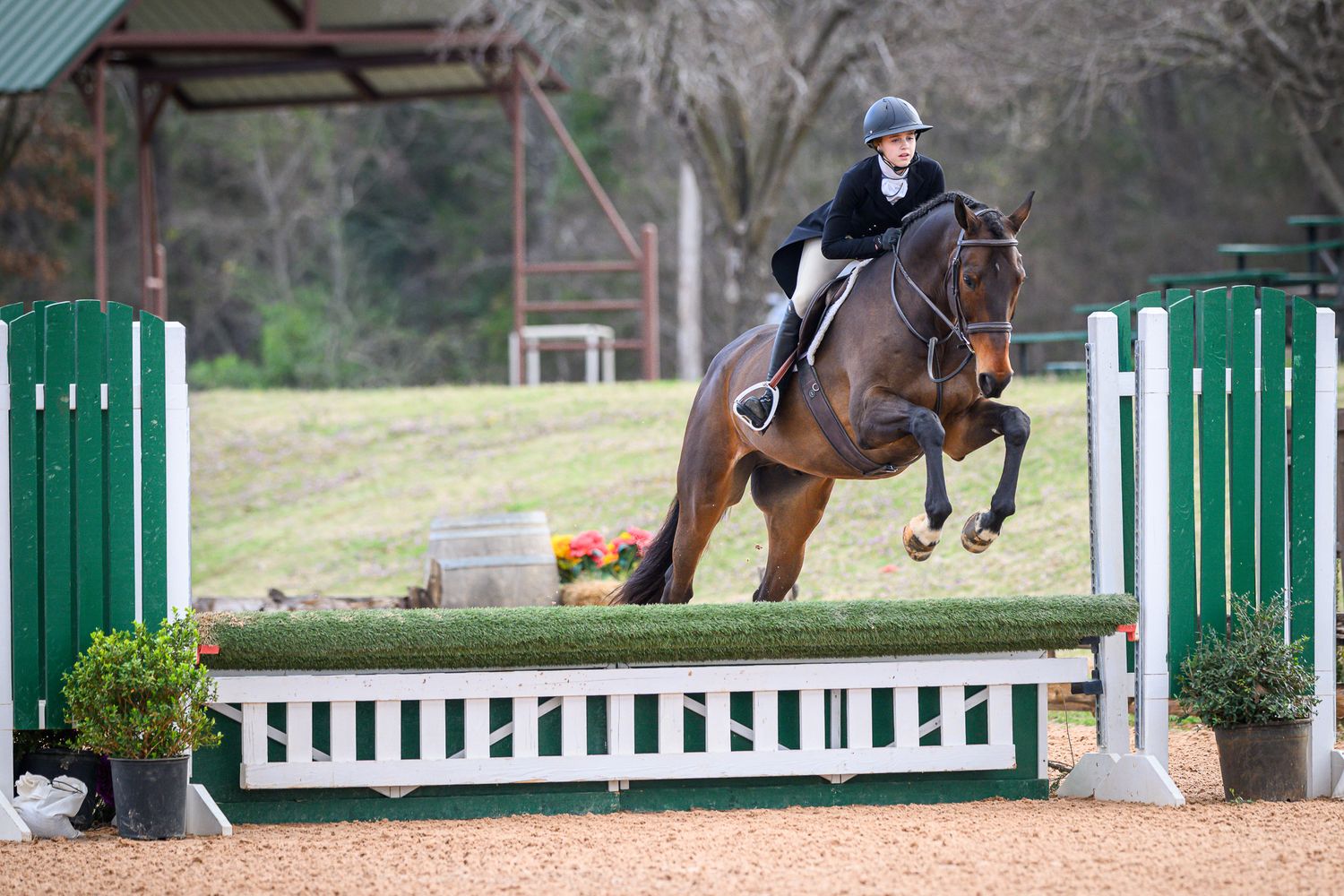 An equestrian clears a fence in a jumper competition taken by private show photographer, Sean Stacey