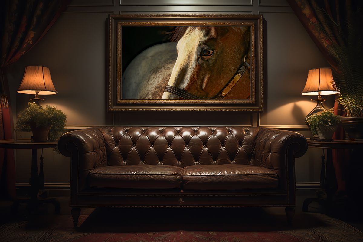 Living room displaying fine art equine portrait on metal print taken by photographer Sean Stacey.