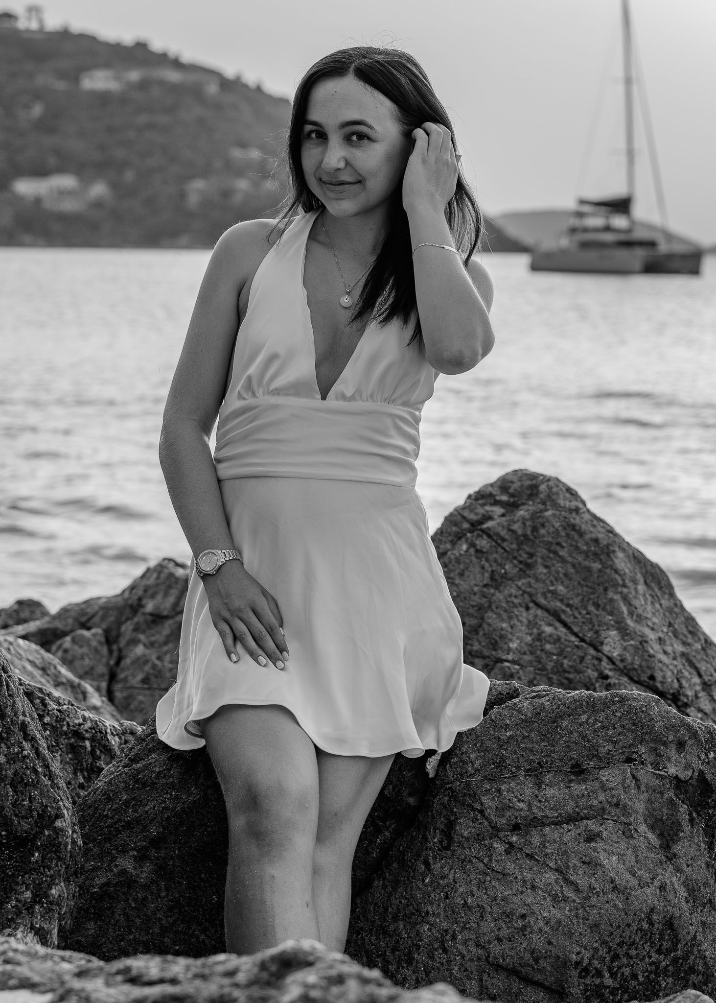Black-and-white fine-art senior headshot with soft natural light, photographed in St. John, USVI.