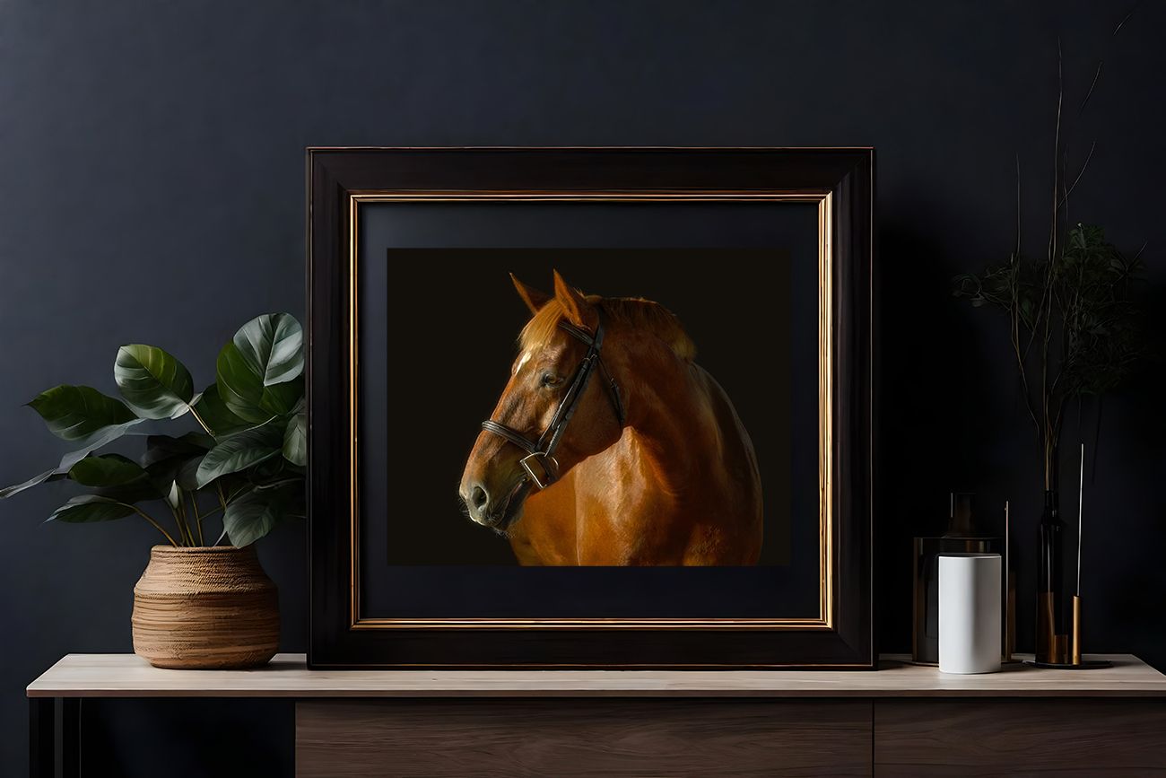 Living room displaying fine art equine portrait on metal print taken by photographer Sean Stacey.