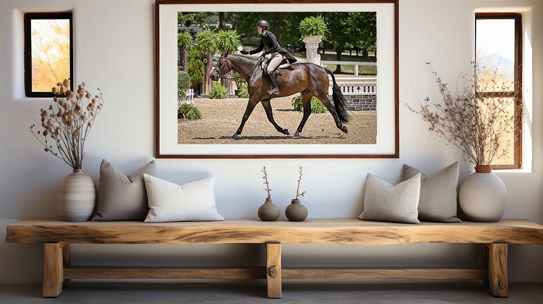 Wall art display in living of horse show photography taken by Sean Stacey.
