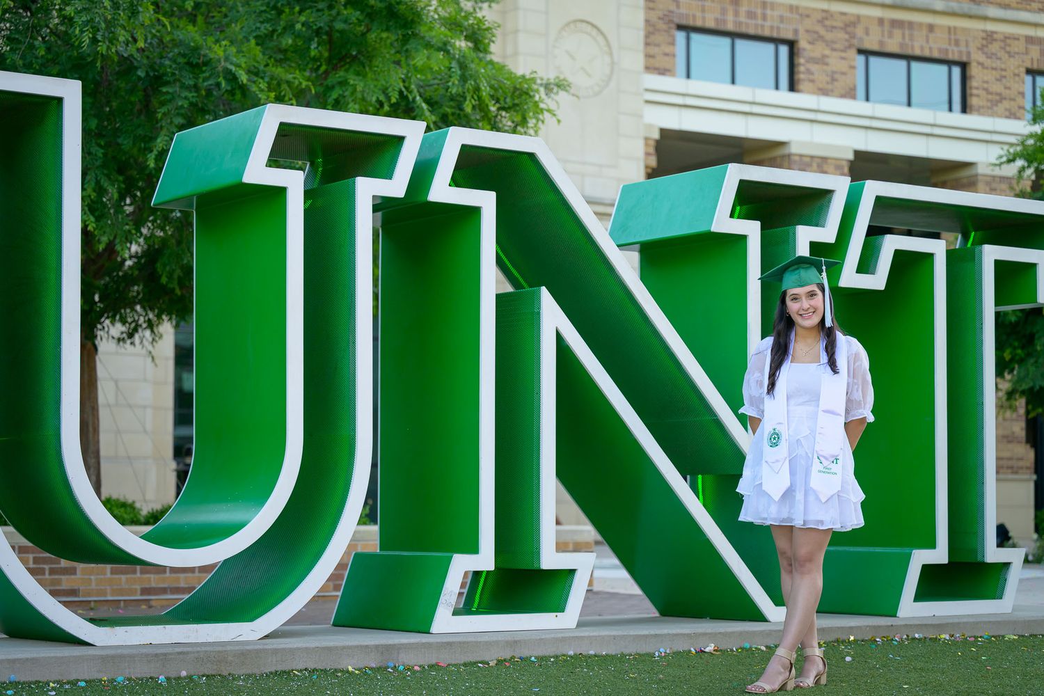Female senior session on the campus of UNT in Denton, TX