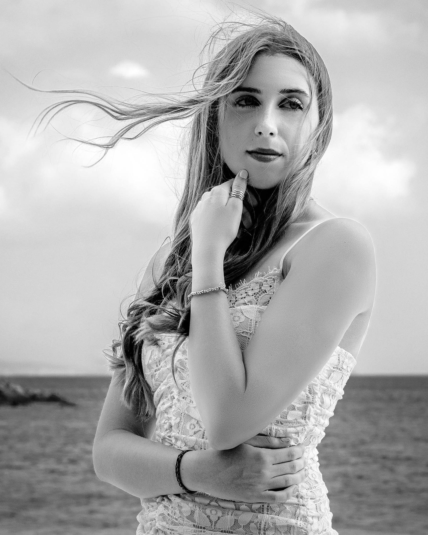 Black and white fashion-inspired senior portrait with creative off-camera lighting in St. John, USVI.