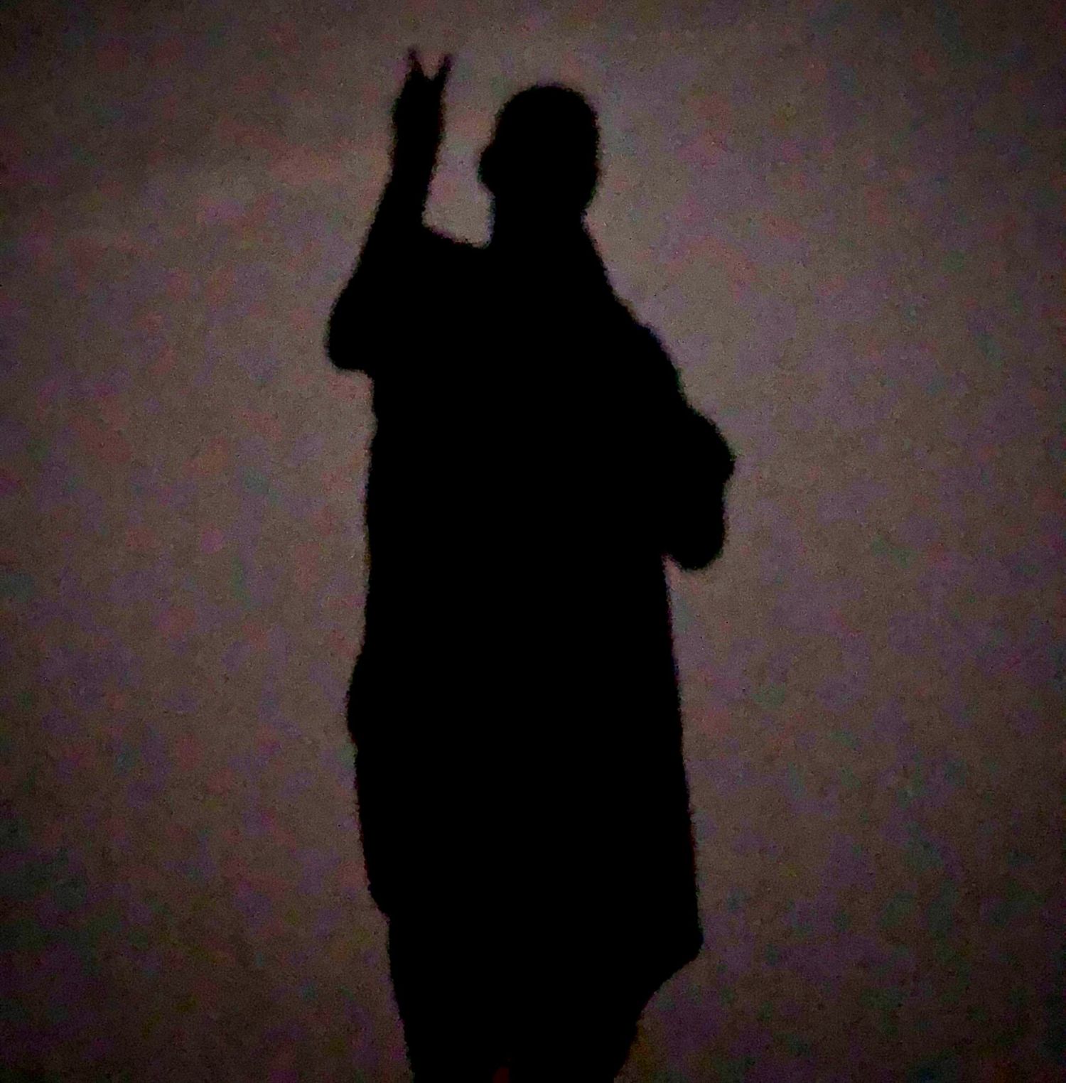 Silhouette of Sean Stacey making a peace sign gesture against a dark background while exploring the BVI during a full moon party. .