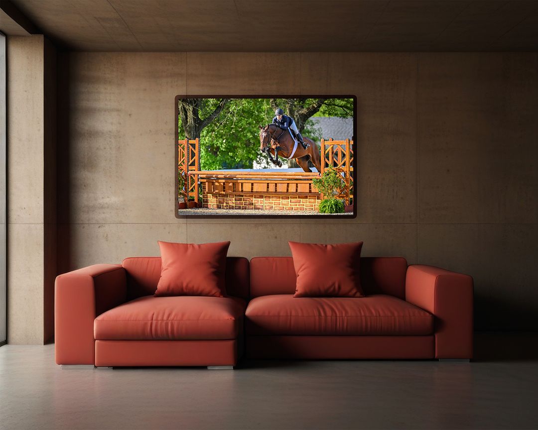 Living room display illustrating fine art wall art prints from horse show photography.