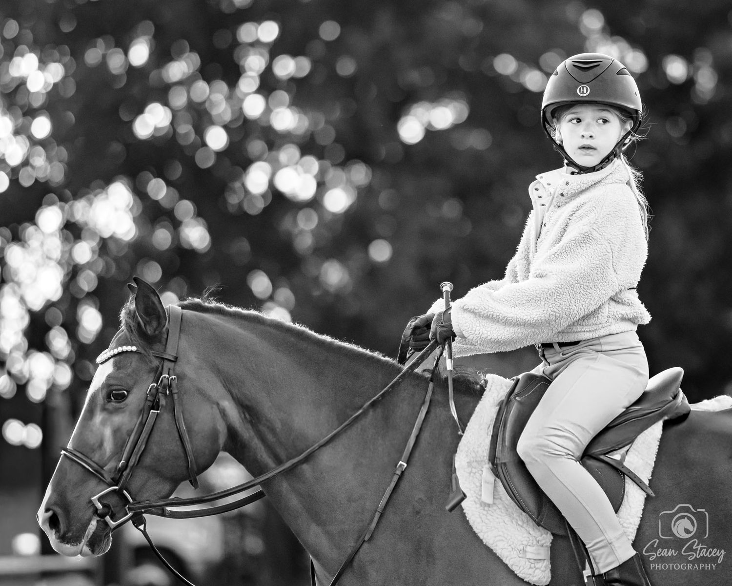 Black and white photo of equestrian rider on horseback competing in a hunter event while being captured by Sean Stacey Photography..
