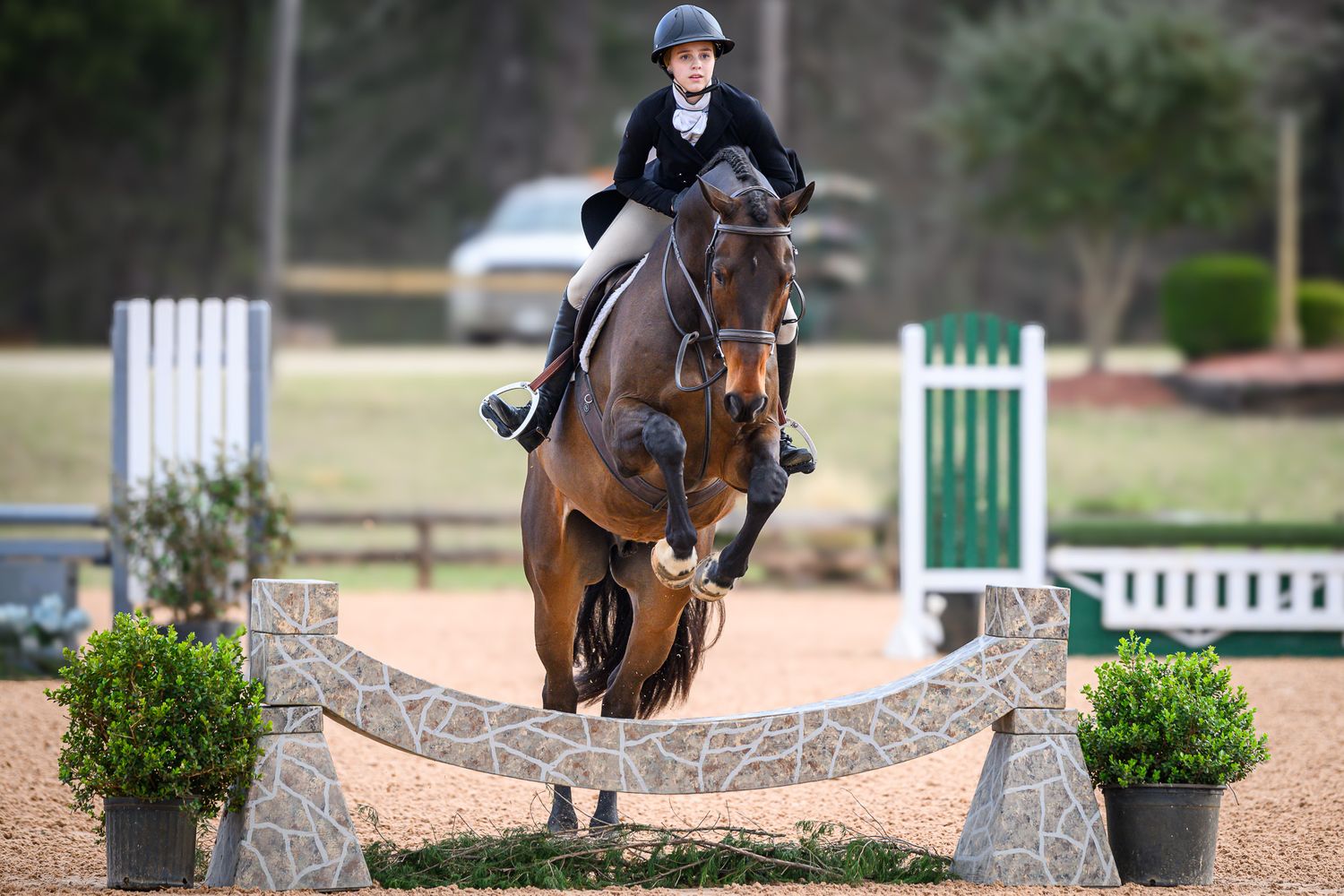 Equestrian girl clears a unique stone fence during a hunter derby competition at Texas Rose Horse Park in Tyler, TX.