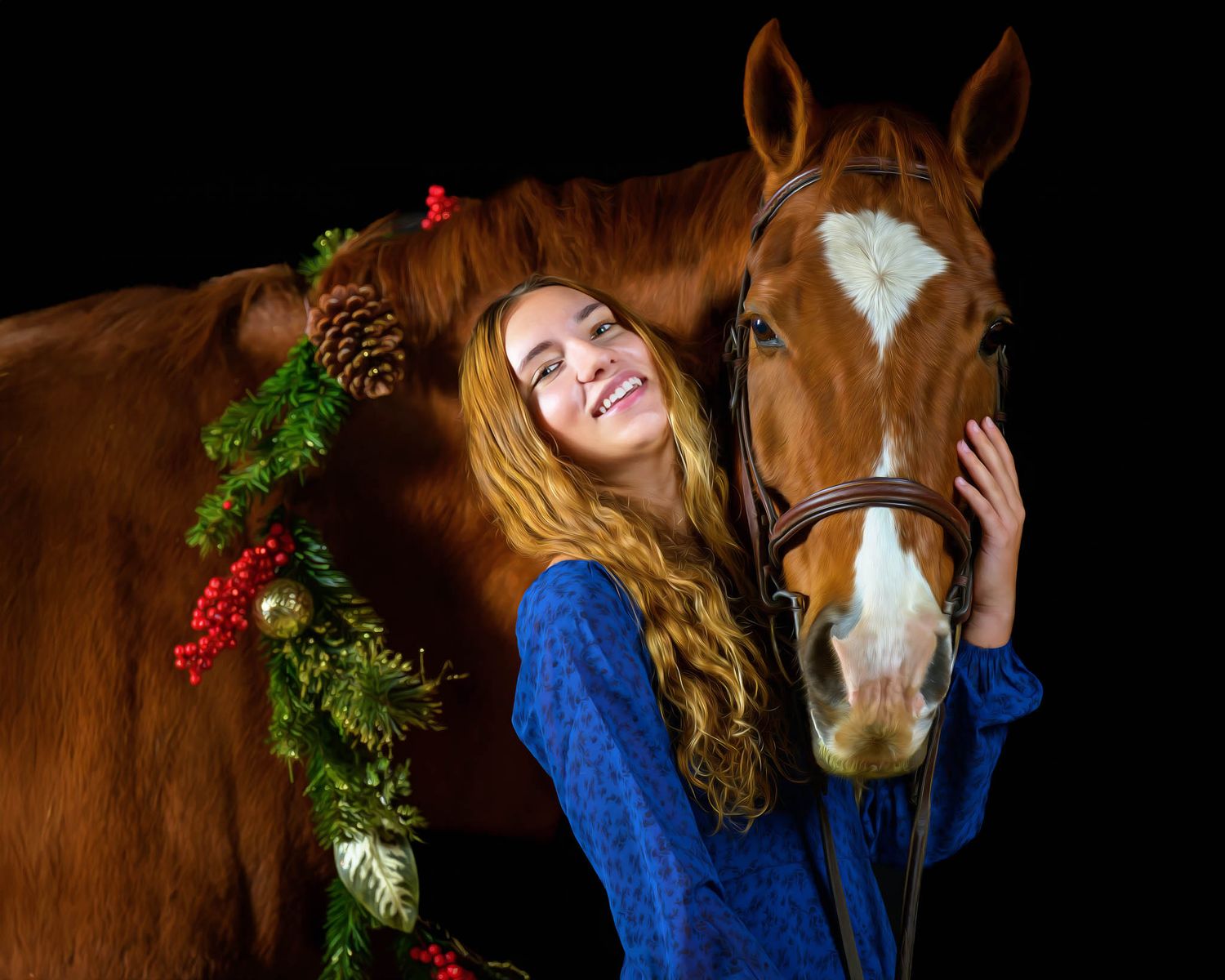 A chestnut horse wearing a festive holiday wreath stands next to someone in a blue dress against a dark background.