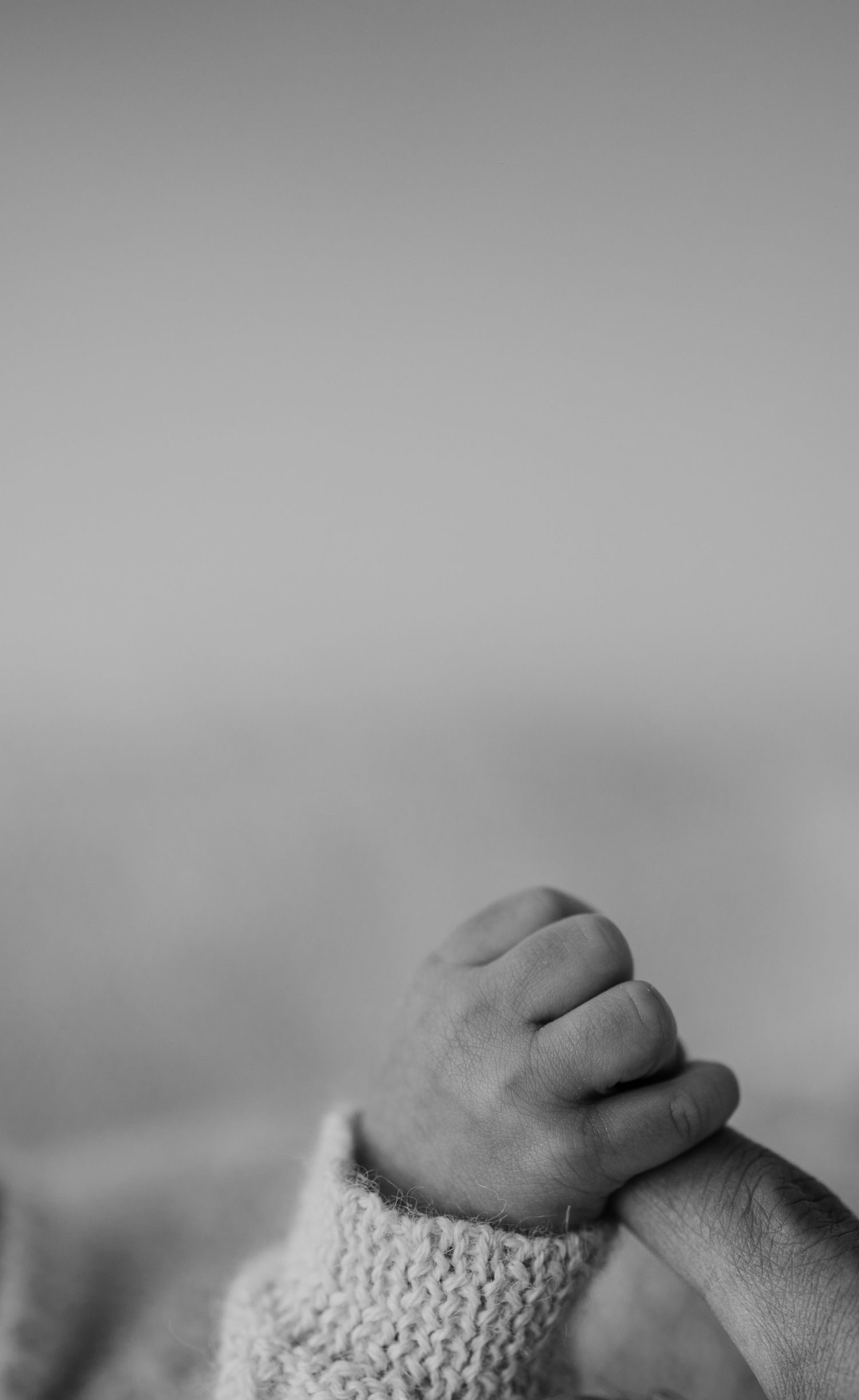 Close-up black and white image of a tiny baby hand grasping a knitted sleeve.
