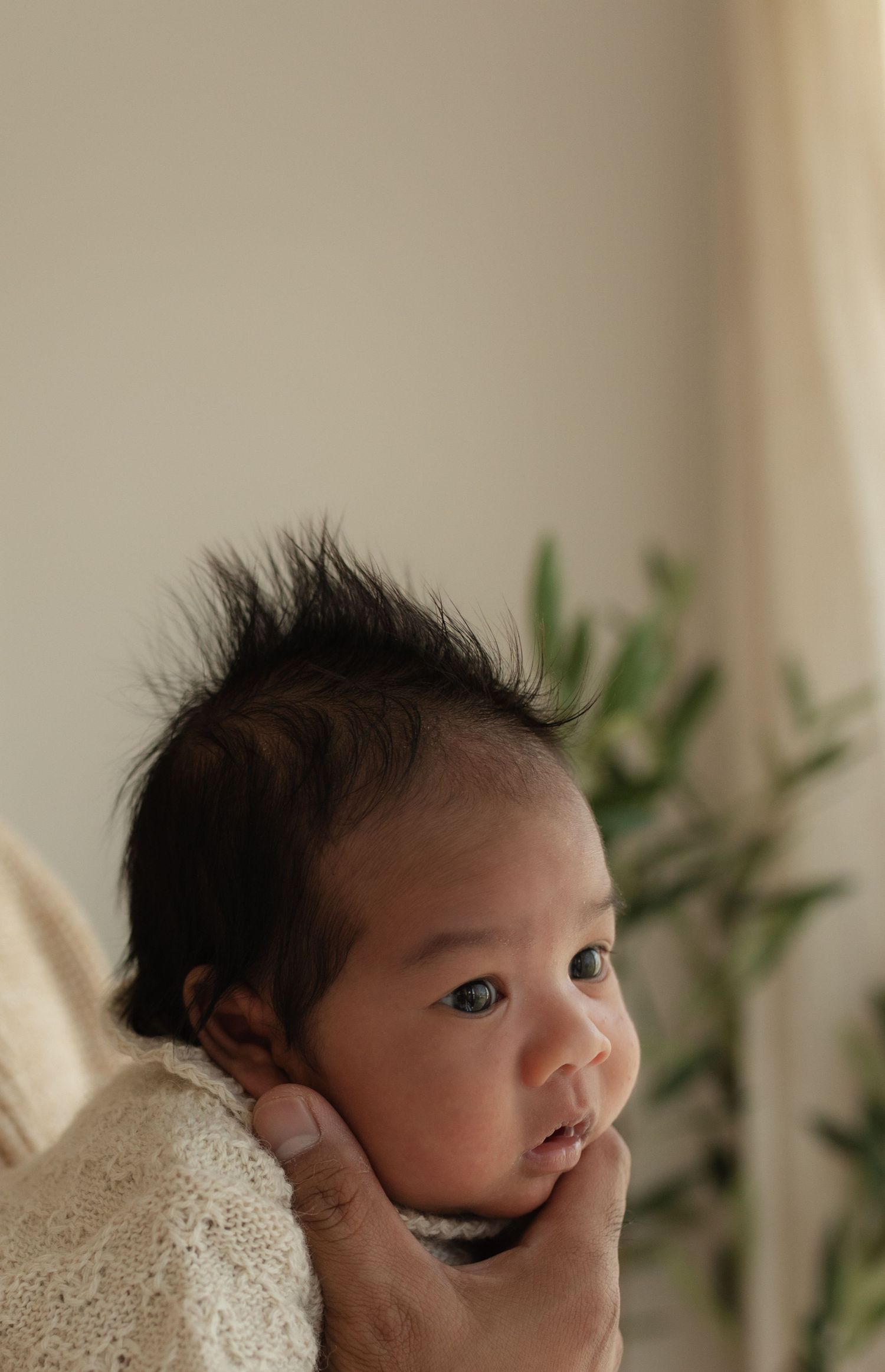 A baby with spiky dark hair in cream clothing gazes to the side near green plants.