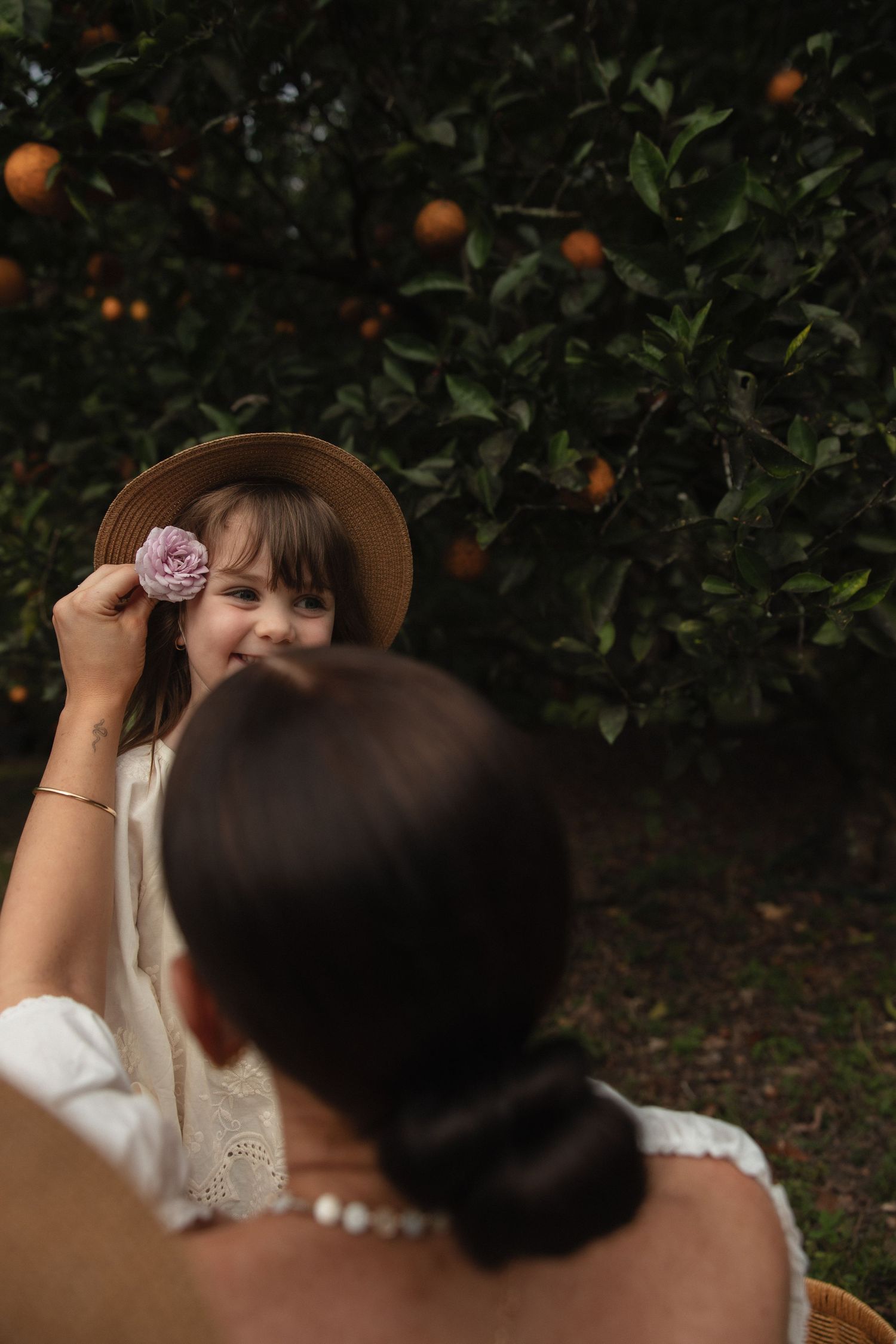 A sweet moment in an orange grove with a brown hat adorned with a pink flower against lush green foliage.
