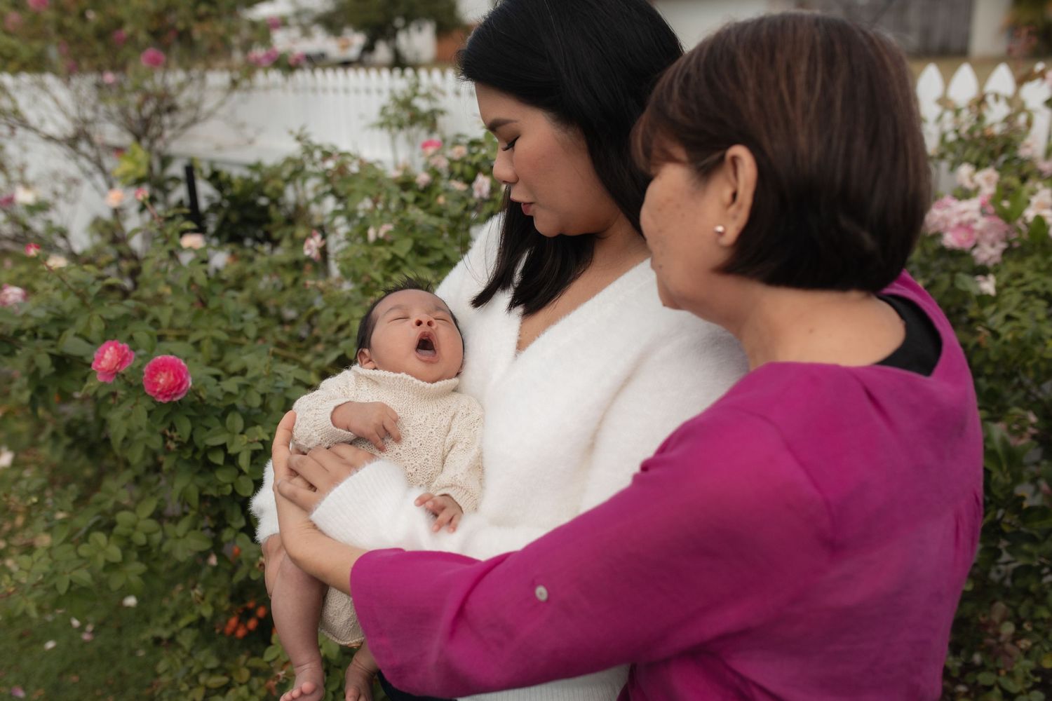 A heartwarming outdoor family moment among blooming pink roses in a garden setting.